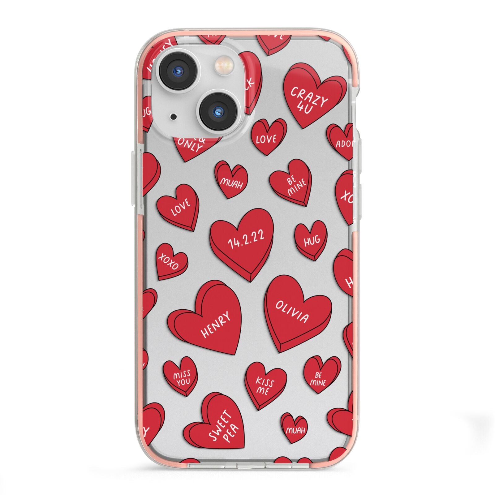 Red Hearts Couples Personalised iPhone 13 Mini TPU Impact Case with Pink Edges