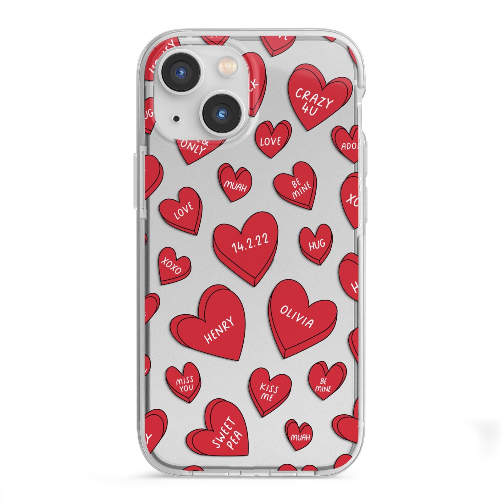 Red Hearts Couples Personalised iPhone 13 Mini TPU Impact Case with White Edges