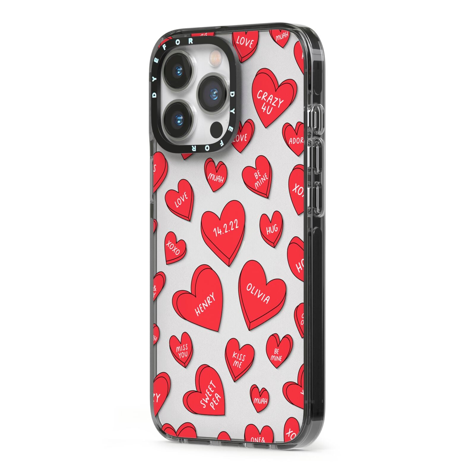 Red Hearts Couples Personalised iPhone 13 Pro Black Impact Case Side Angle on Silver phone