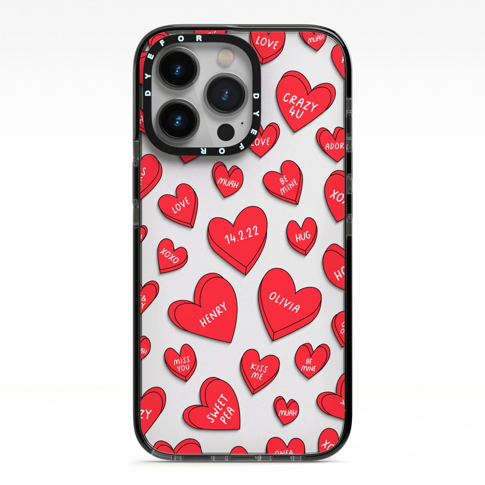 Red Hearts Couples Personalised iPhone 13 Pro Black Impact Case on Silver phone