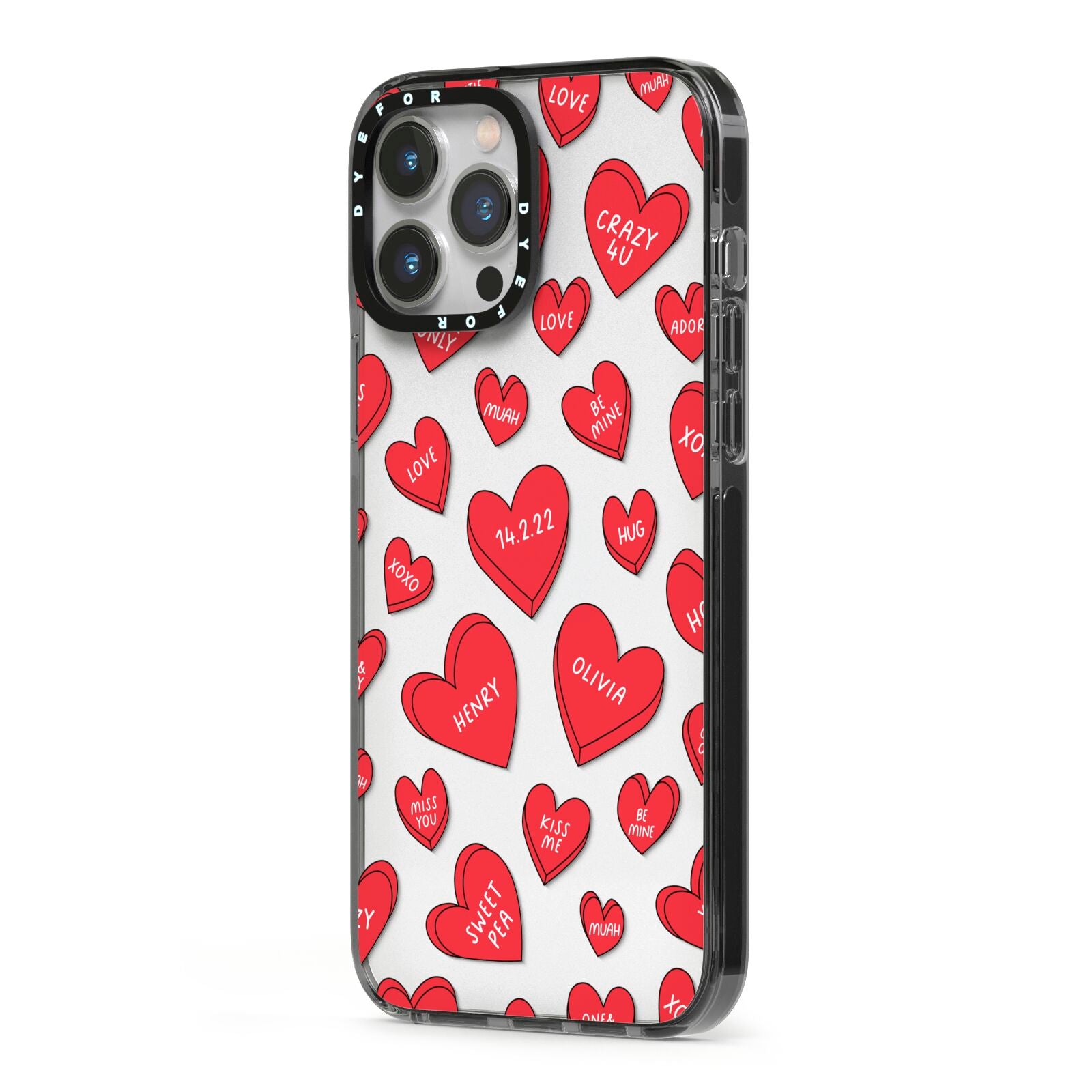 Red Hearts Couples Personalised iPhone 13 Pro Max Black Impact Case Side Angle on Silver phone