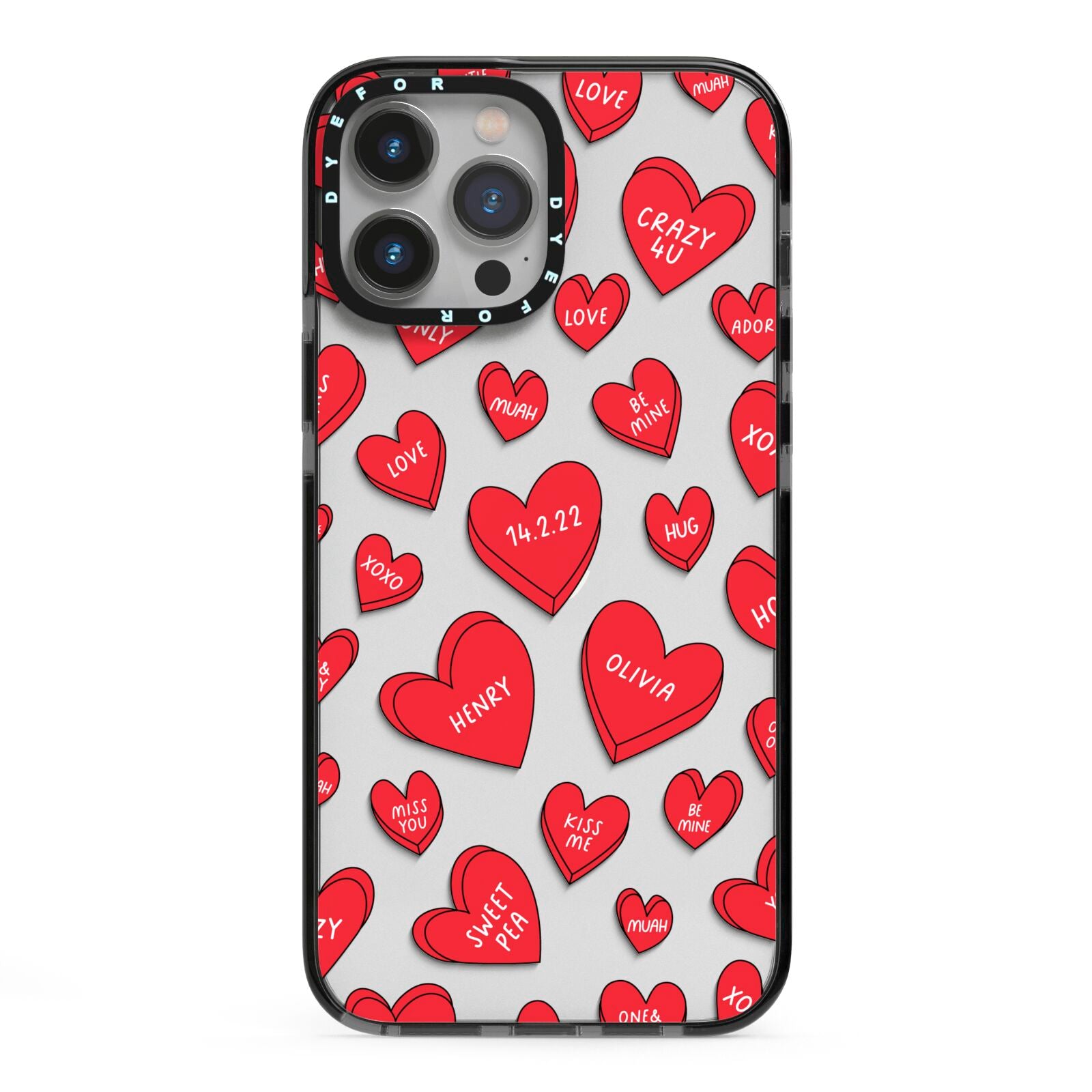 Red Hearts Couples Personalised iPhone 13 Pro Max Black Impact Case on Silver phone