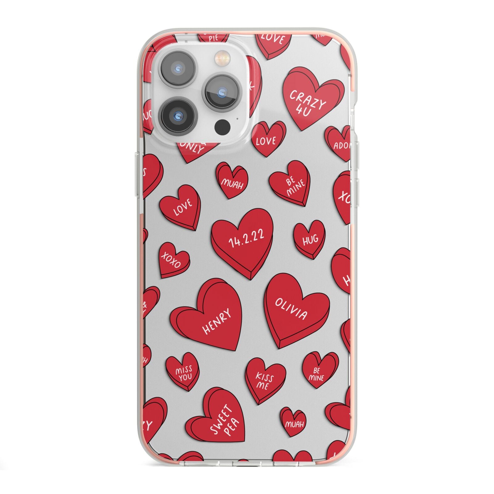 Red Hearts Couples Personalised iPhone 13 Pro Max TPU Impact Case with Pink Edges