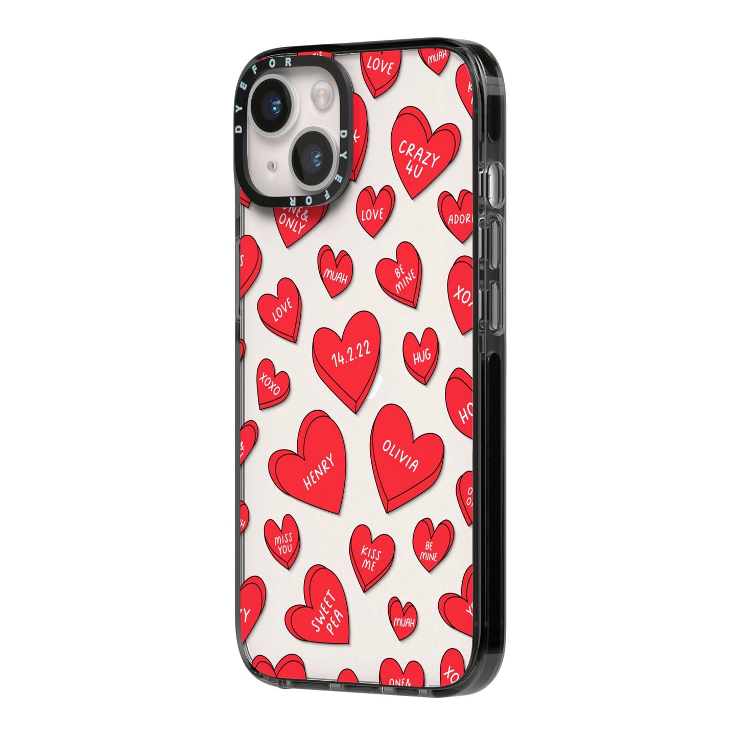 Red Hearts Couples Personalised iPhone 14 Black Impact Case Side Angle on Silver phone