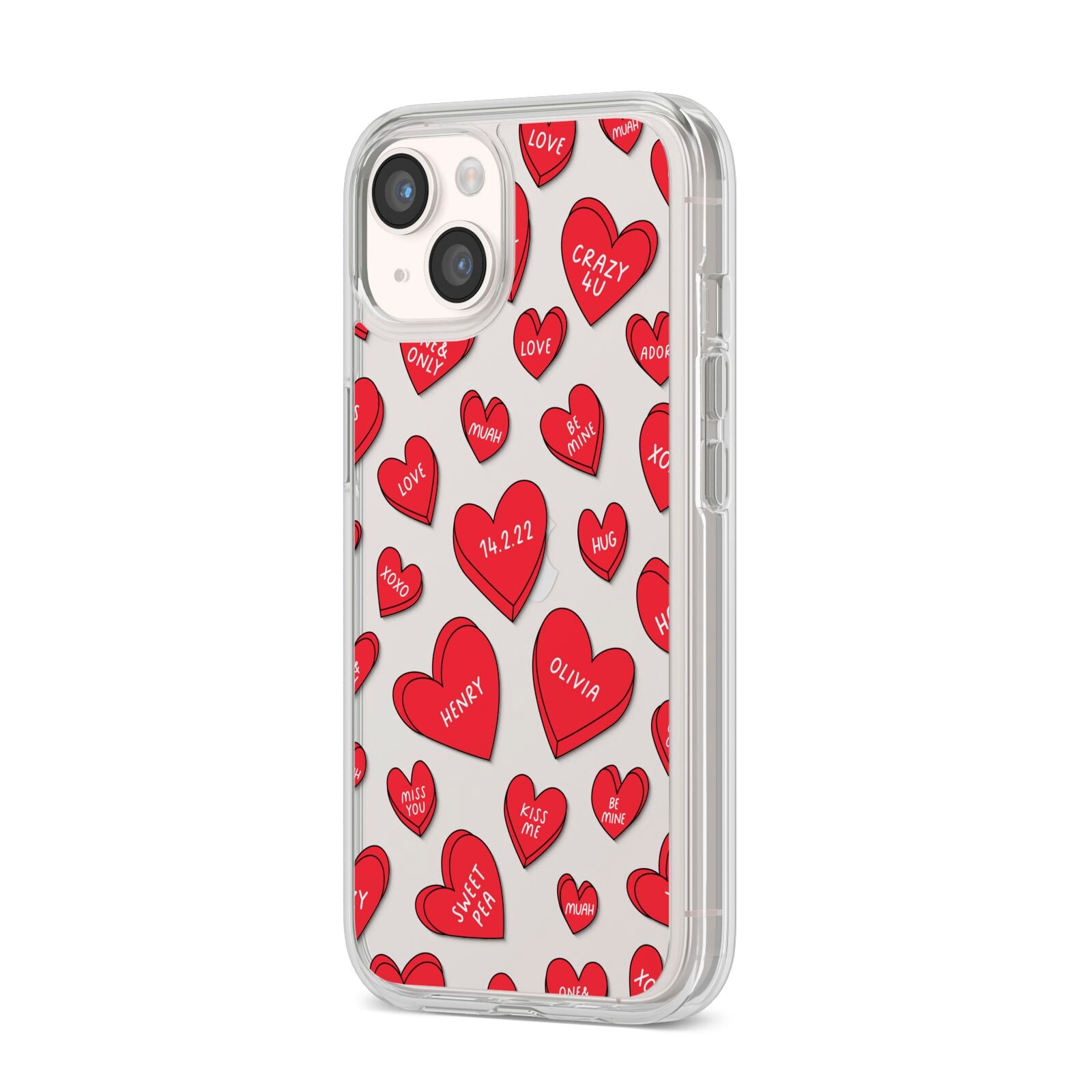 Red Hearts Couples Personalised iPhone 14 Clear Tough Case Starlight Angled Image