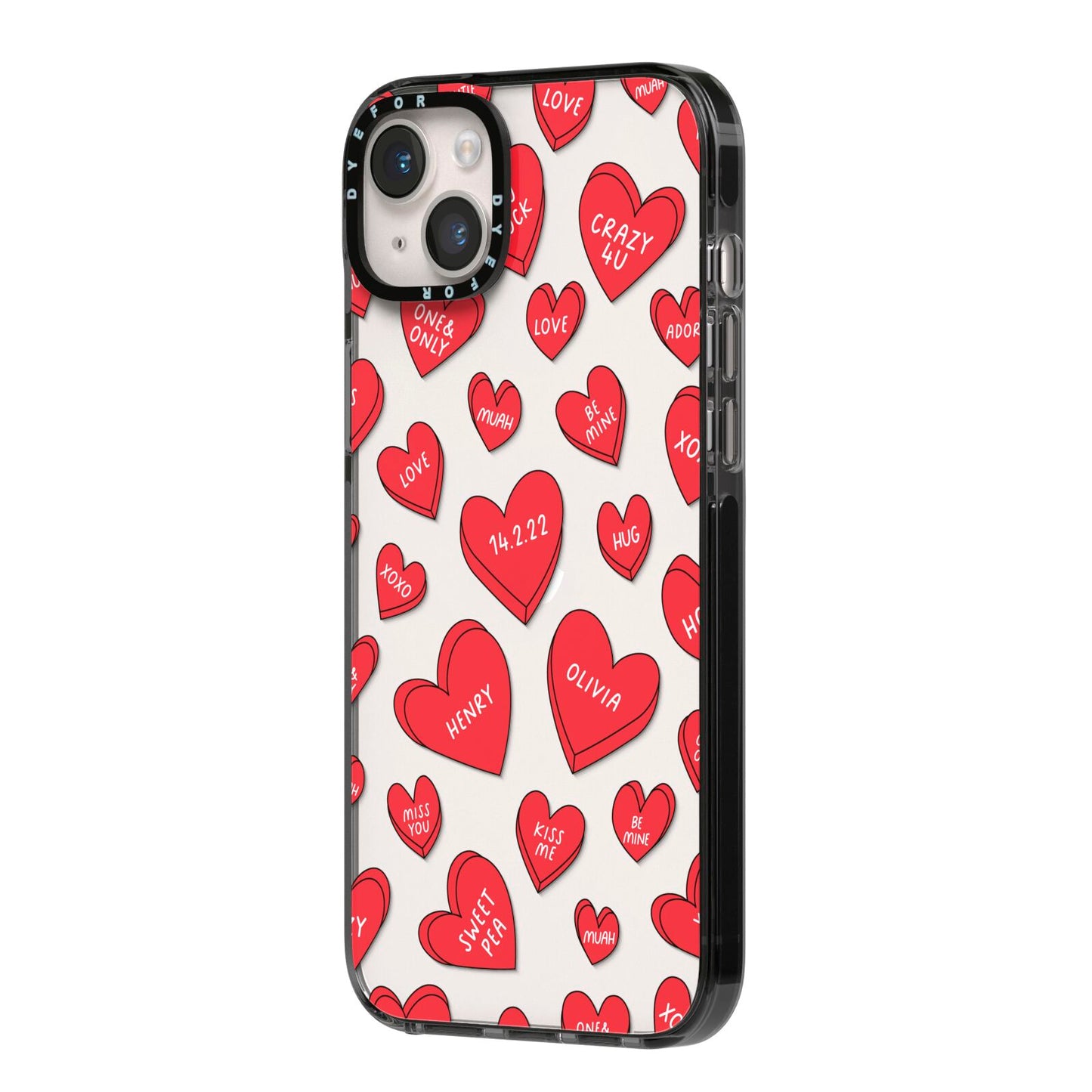 Red Hearts Couples Personalised iPhone 14 Plus Black Impact Case Side Angle on Silver phone