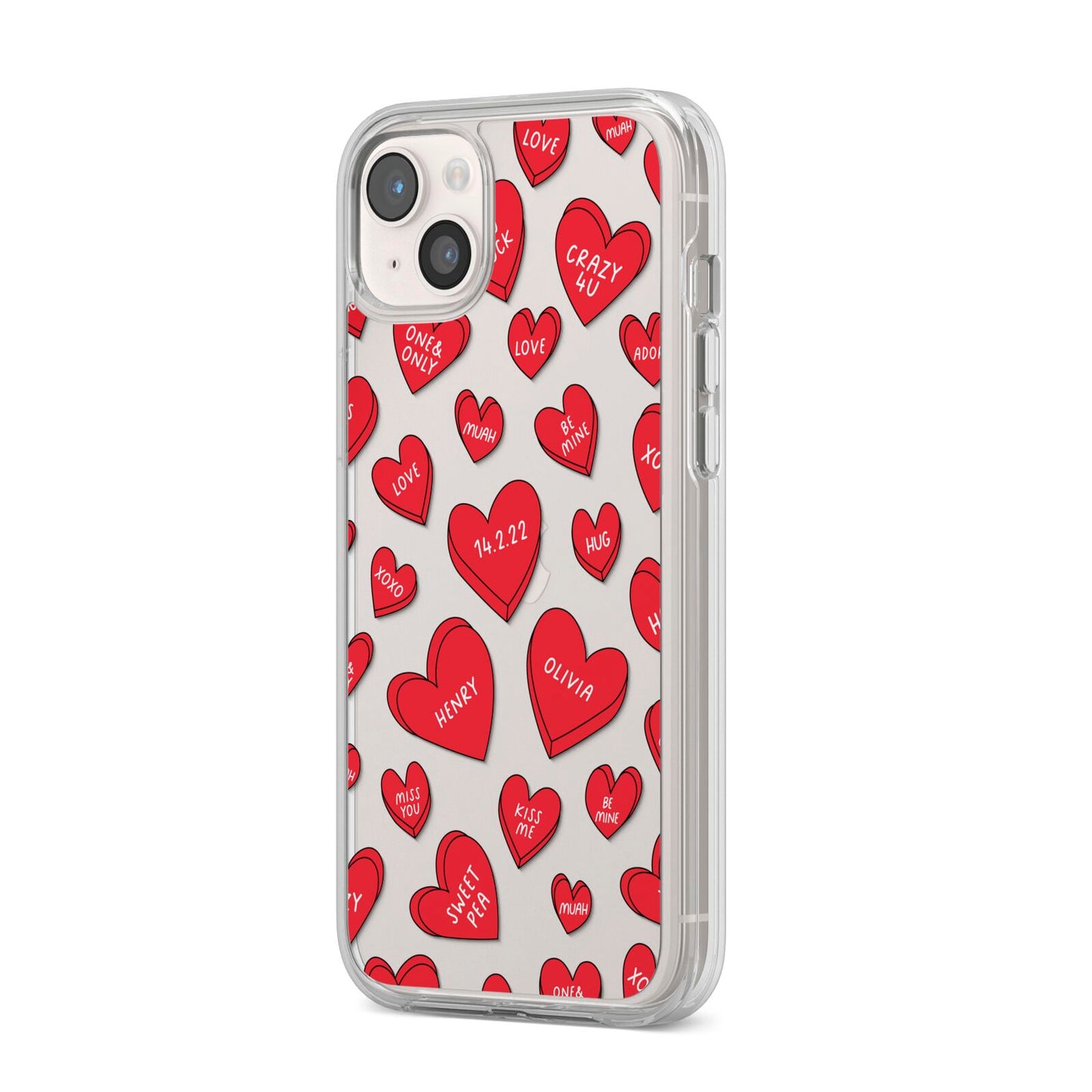 Red Hearts Couples Personalised iPhone 14 Plus Clear Tough Case Starlight Angled Image