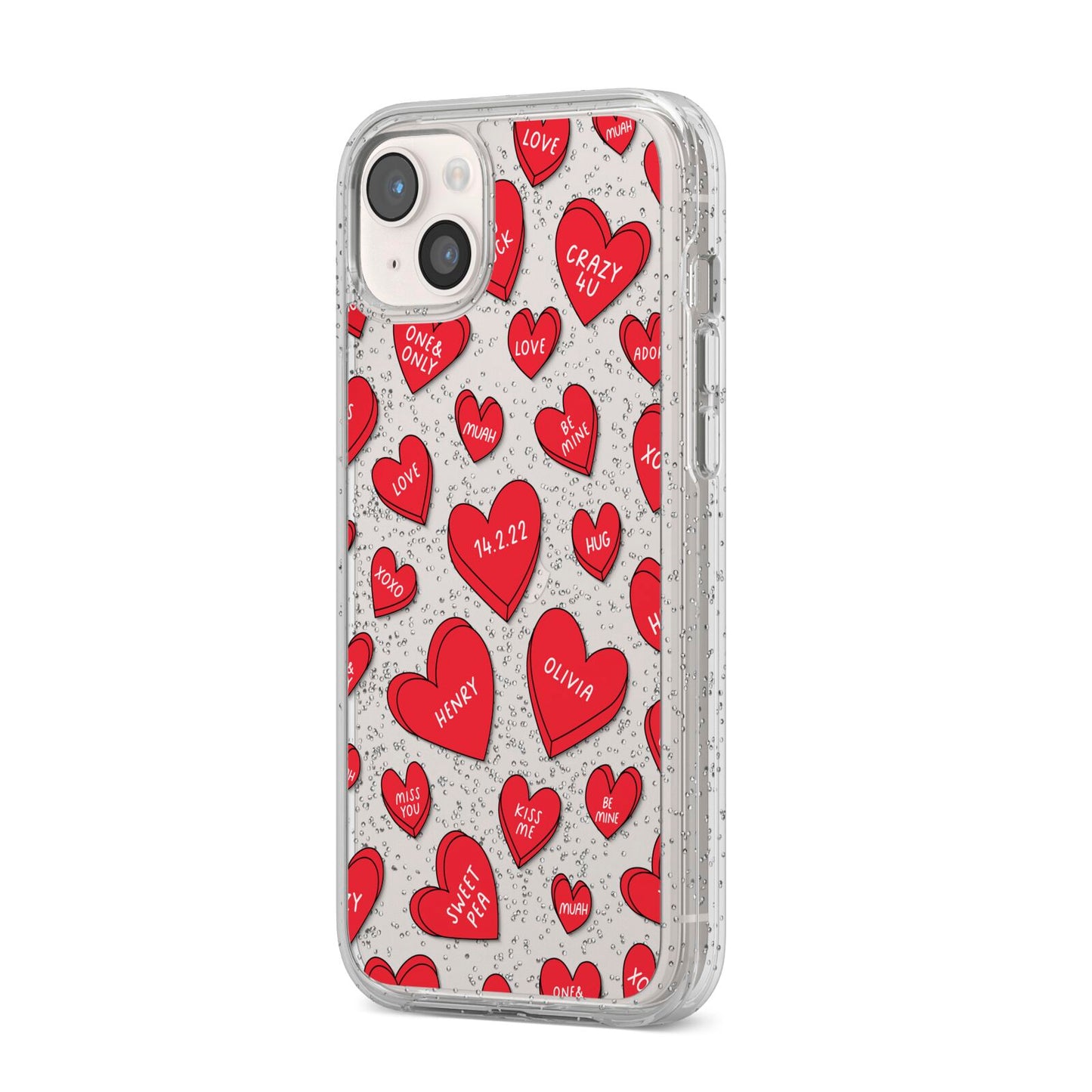 Red Hearts Couples Personalised iPhone 14 Plus Glitter Tough Case Starlight Angled Image