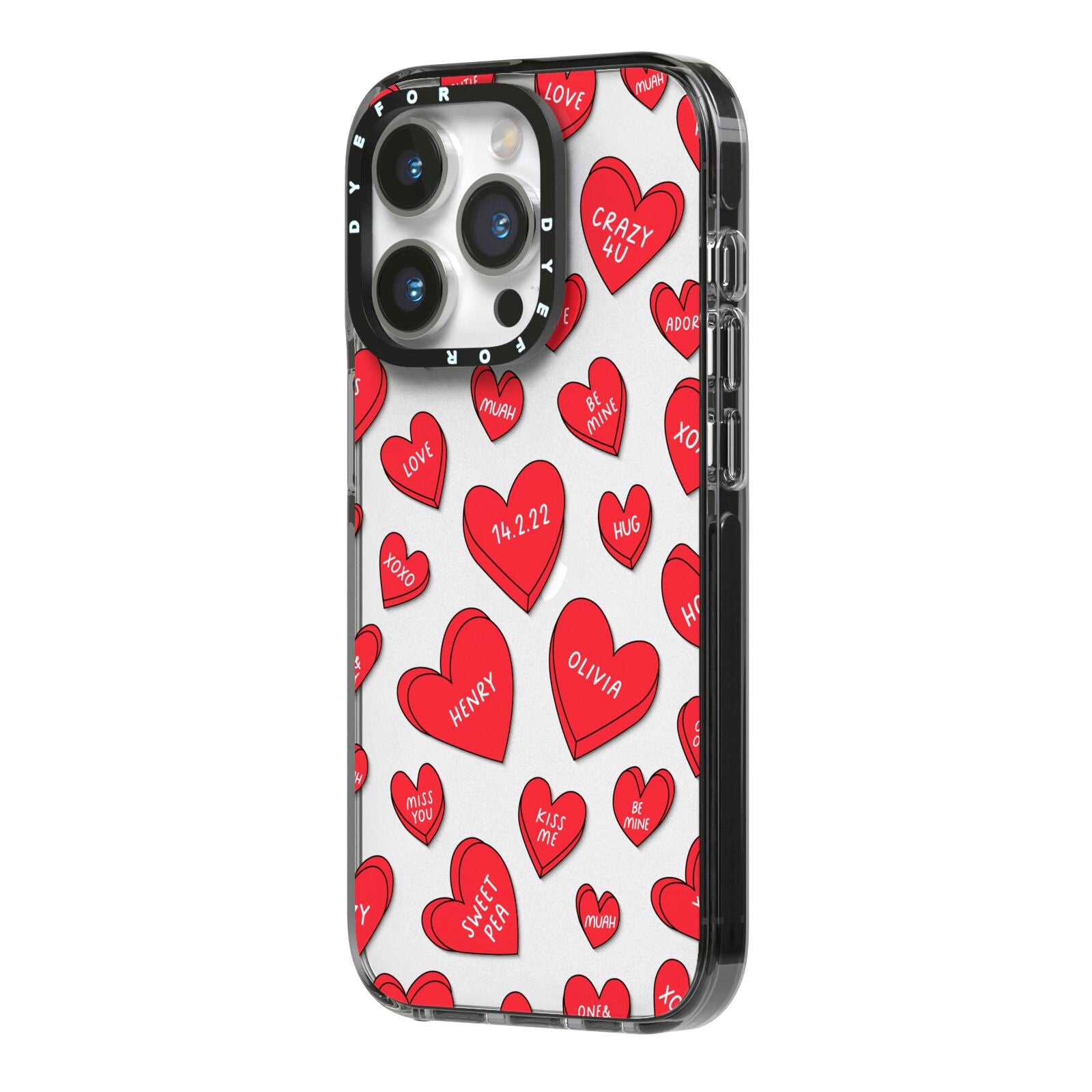 Red Hearts Couples Personalised iPhone 14 Pro Black Impact Case Side Angle on Silver phone