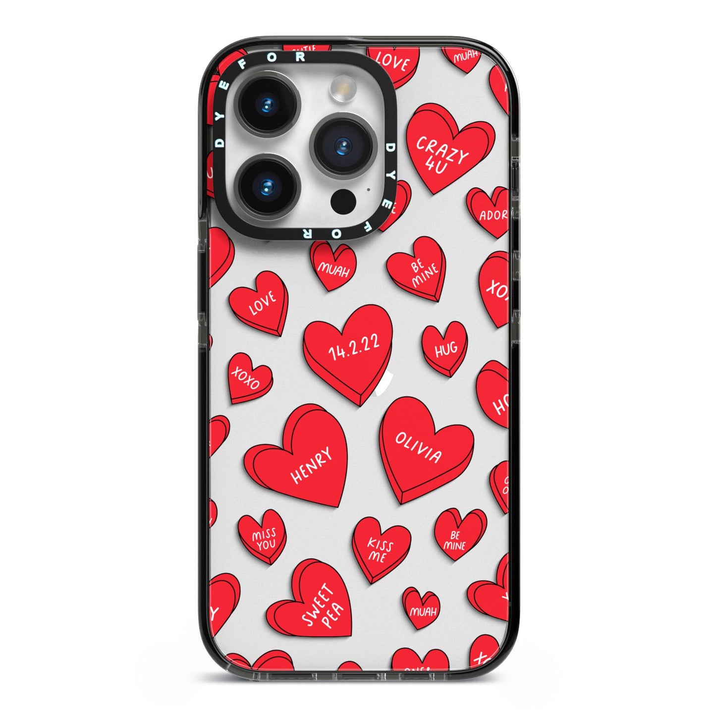 Red Hearts Couples Personalised iPhone 14 Pro Black Impact Case on Silver phone