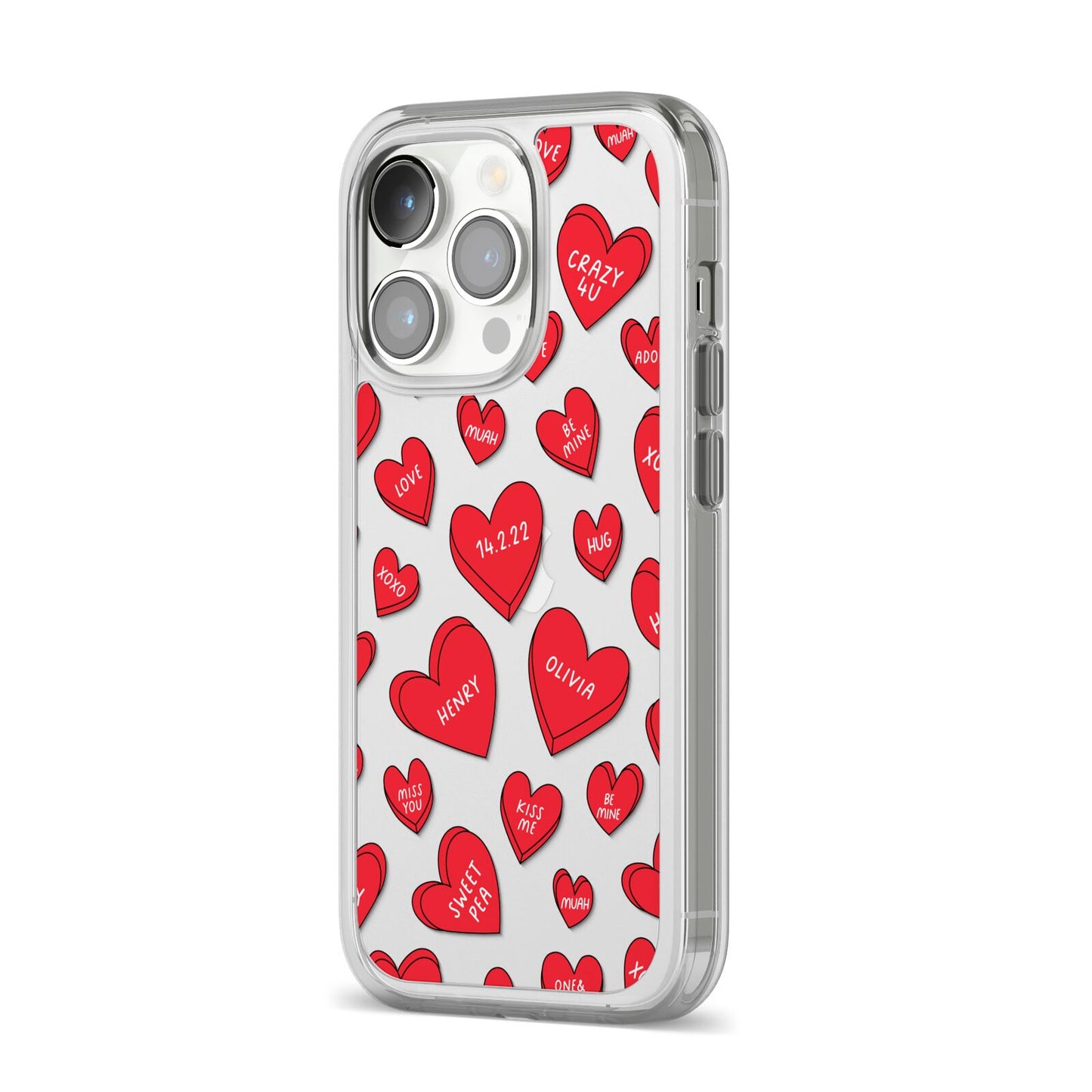 Red Hearts Couples Personalised iPhone 14 Pro Clear Tough Case Silver Angled Image