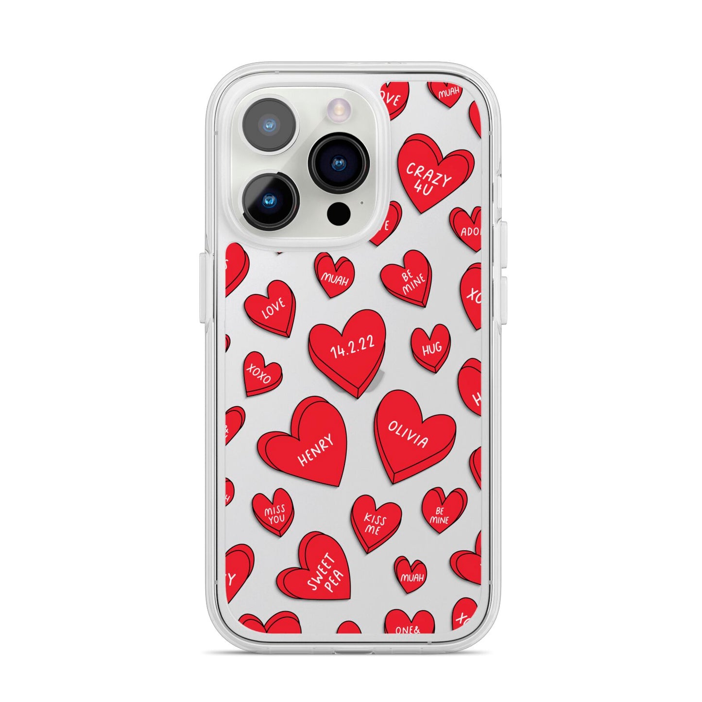 Red Hearts Couples Personalised iPhone 14 Pro Clear Tough Case Silver