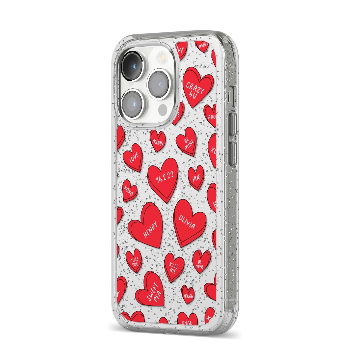 Red Hearts Couples Personalised iPhone 14 Pro Glitter Tough Case Silver Angled Image