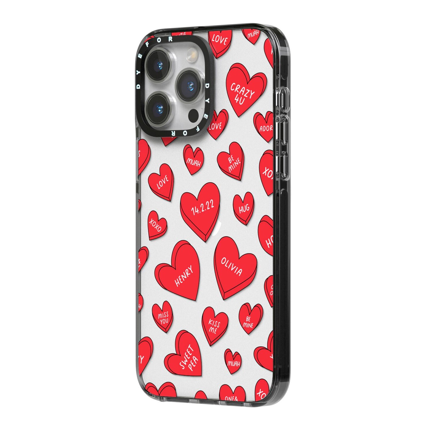 Red Hearts Couples Personalised iPhone 14 Pro Max Black Impact Case Side Angle on Silver phone