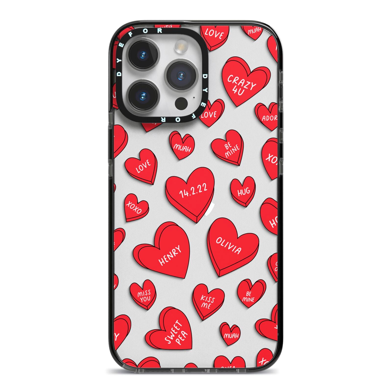 Red Hearts Couples Personalised iPhone 14 Pro Max Black Impact Case on Silver phone