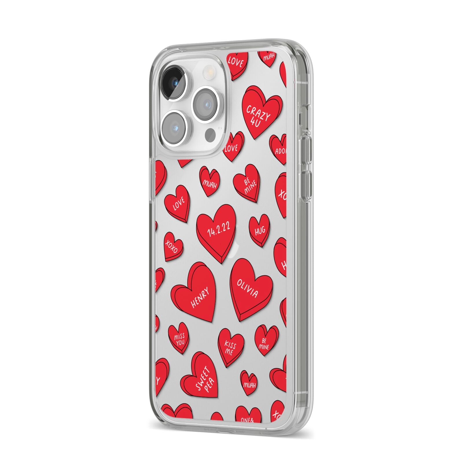 Red Hearts Couples Personalised iPhone 14 Pro Max Clear Tough Case Silver Angled Image