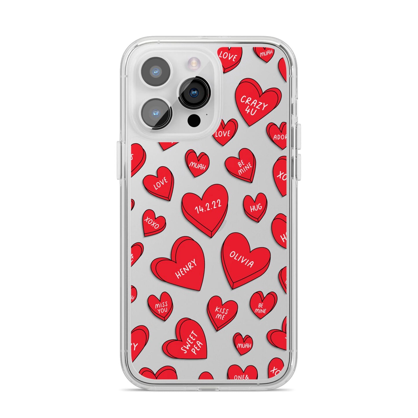 Red Hearts Couples Personalised iPhone 14 Pro Max Clear Tough Case Silver