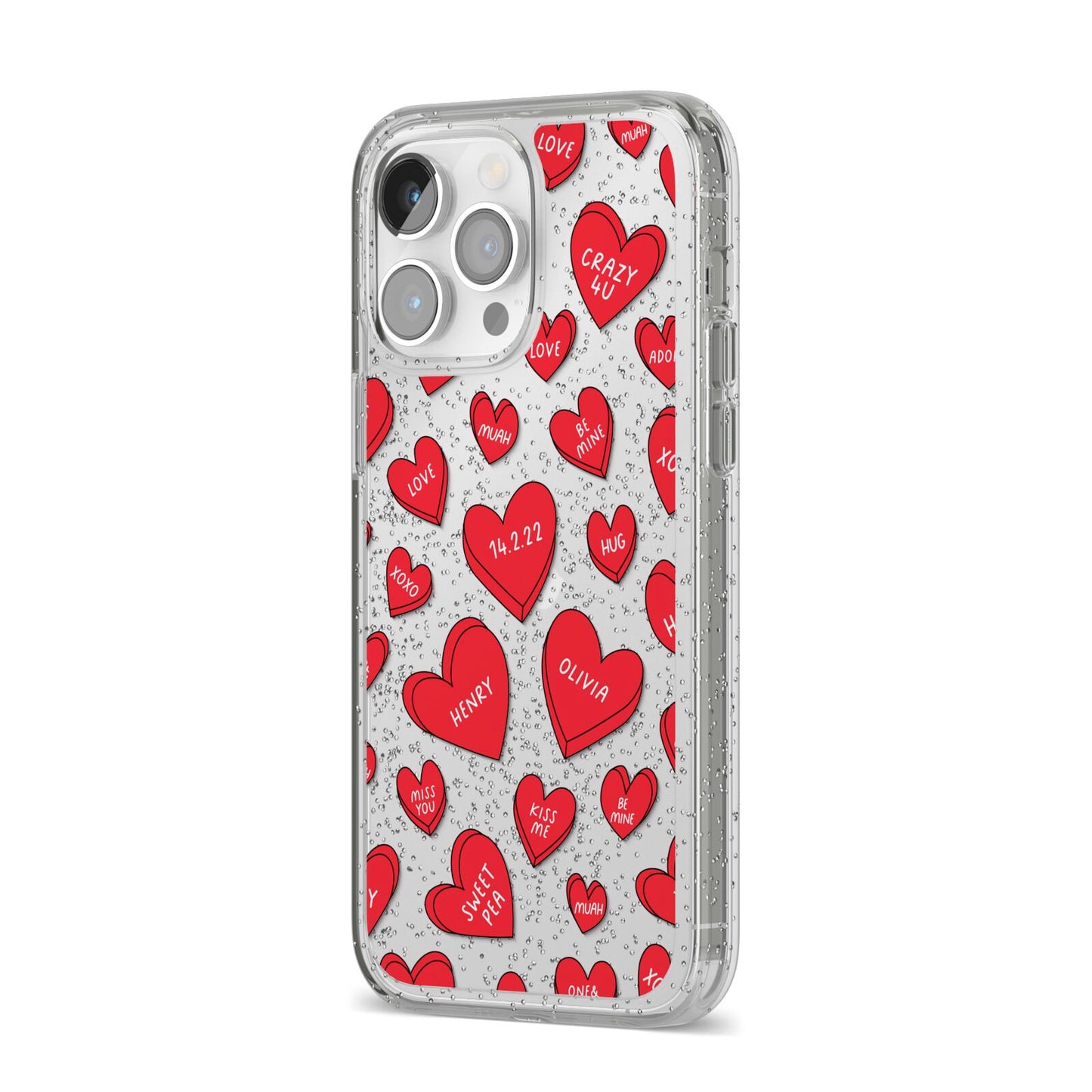 Red Hearts Couples Personalised iPhone 14 Pro Max Glitter Tough Case Silver Angled Image