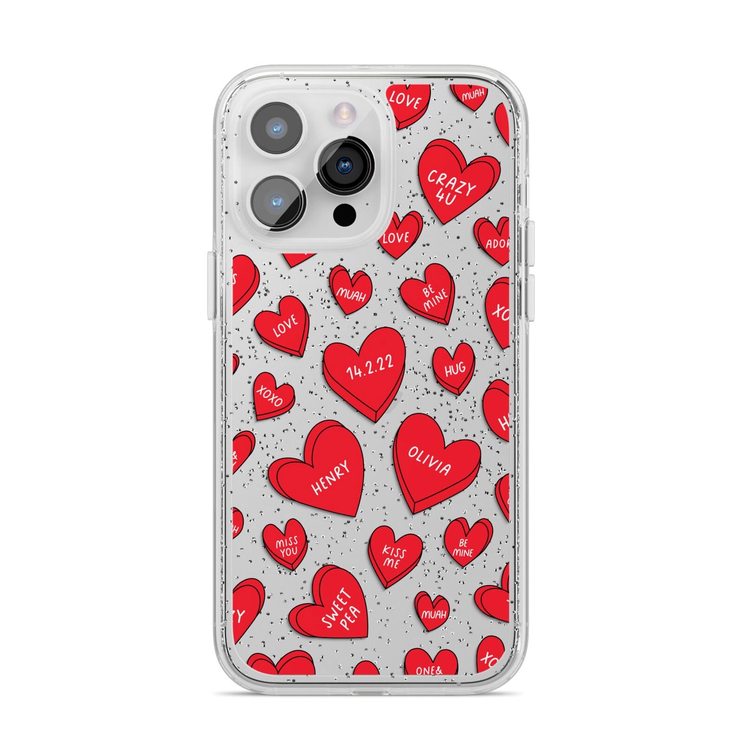 Red Hearts Couples Personalised iPhone 14 Pro Max Glitter Tough Case Silver