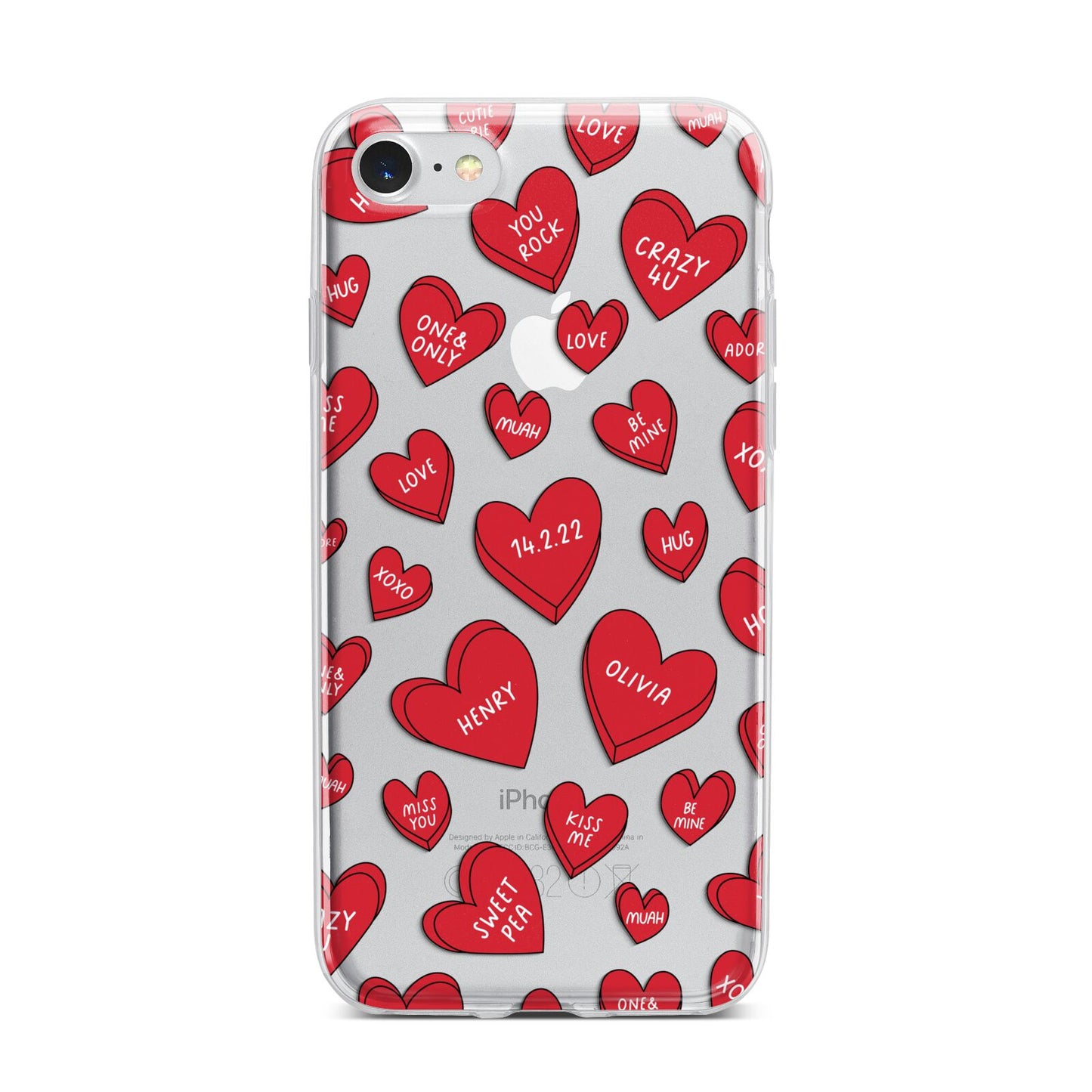 Red Hearts Couples Personalised iPhone 7 Bumper Case on Silver iPhone