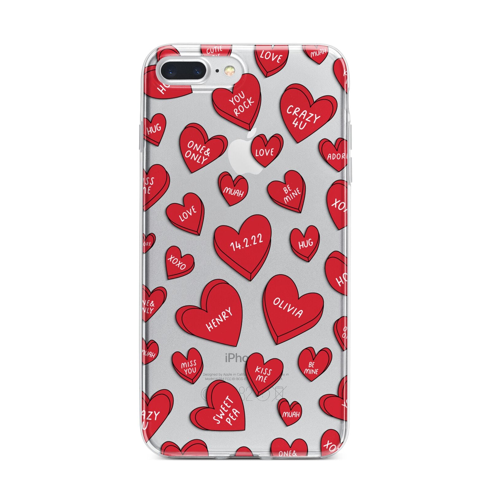 Red Hearts Couples Personalised iPhone 7 Plus Bumper Case on Silver iPhone