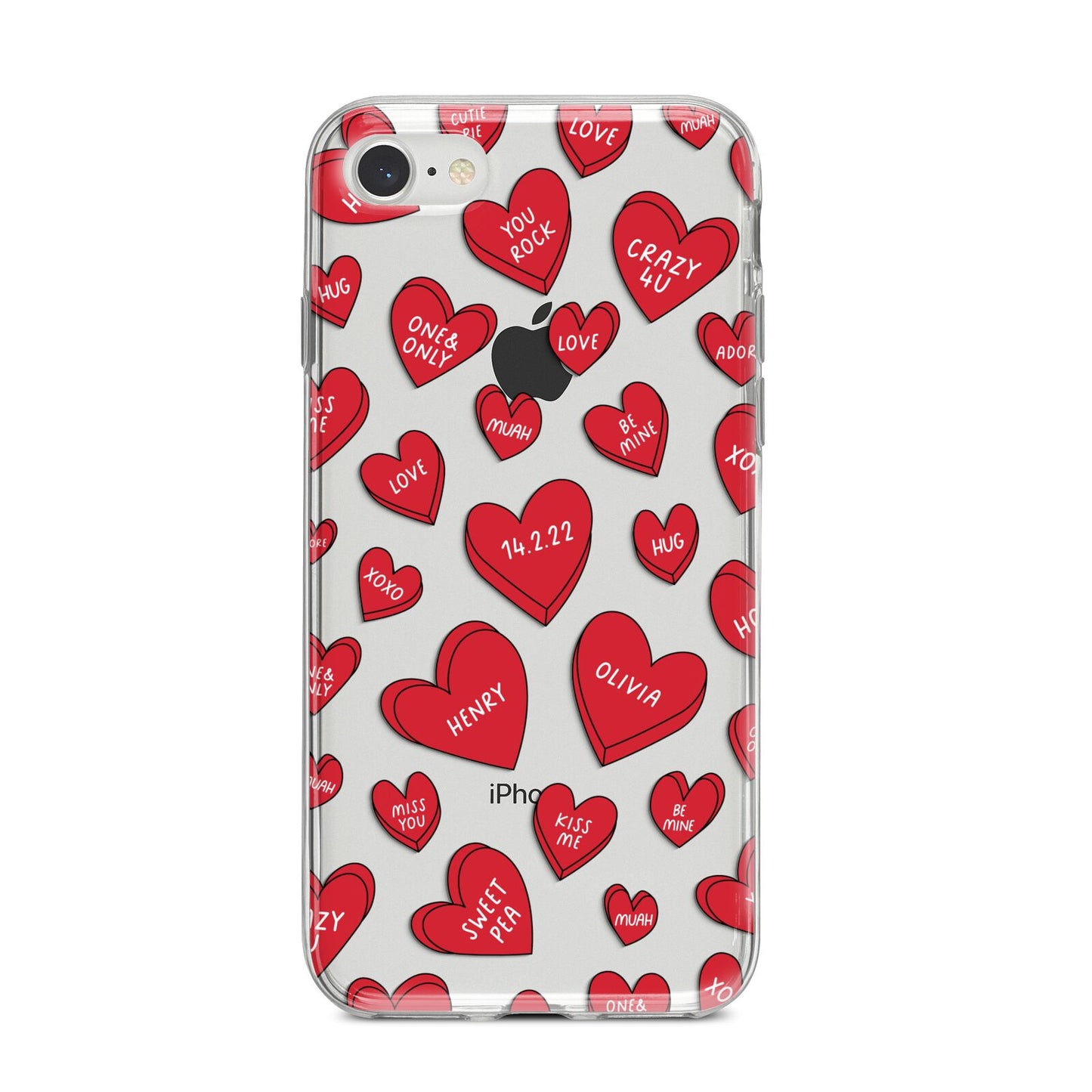 Red Hearts Couples Personalised iPhone 8 Bumper Case on Silver iPhone