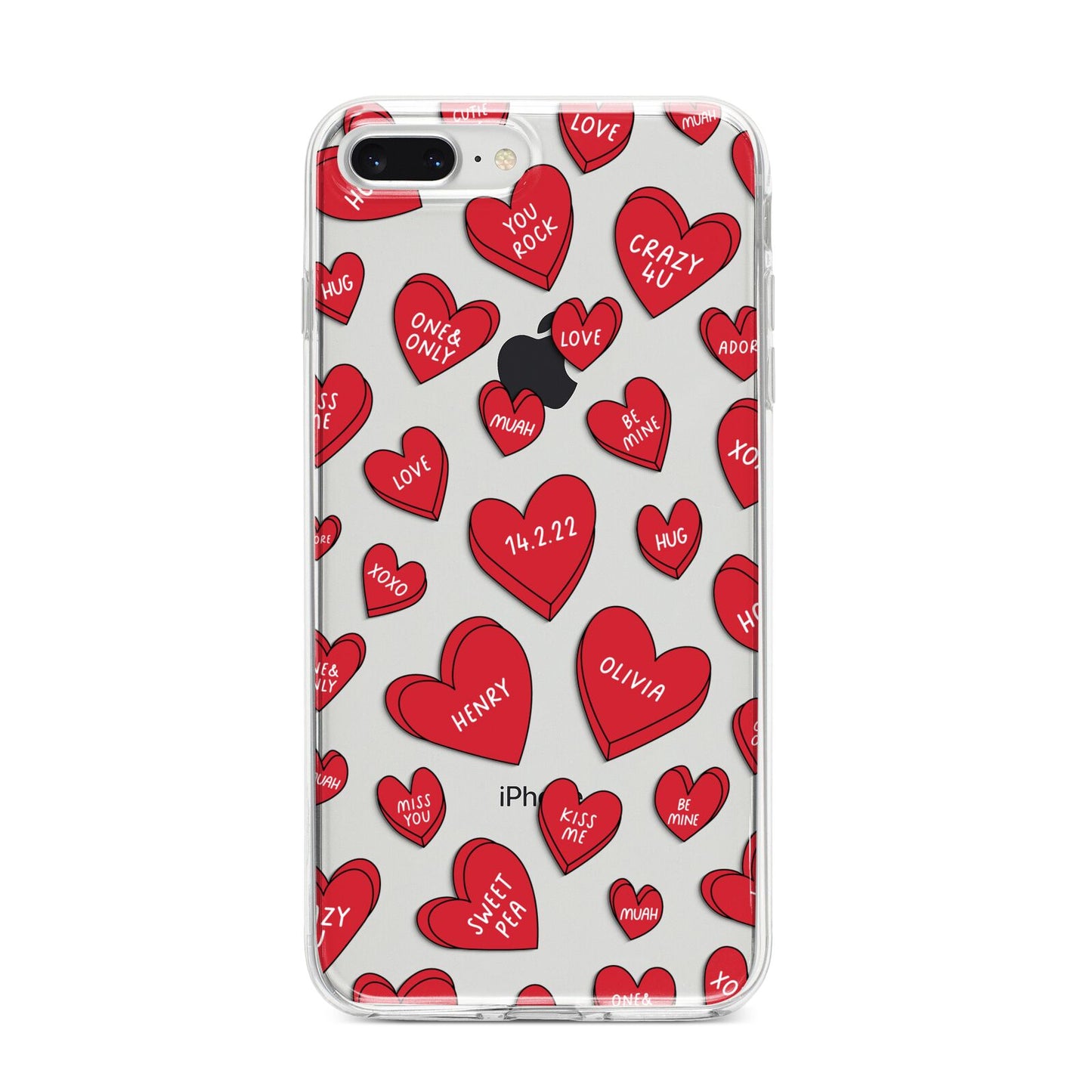 Red Hearts Couples Personalised iPhone 8 Plus Bumper Case on Silver iPhone