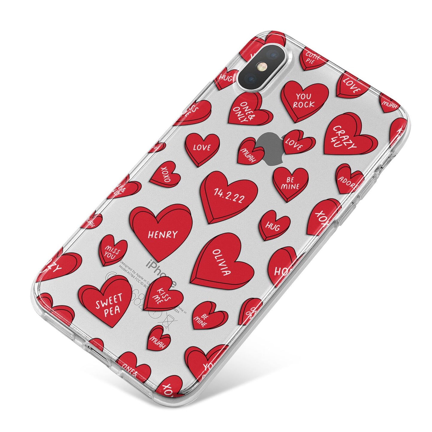 Red Hearts Couples Personalised iPhone X Bumper Case on Silver iPhone