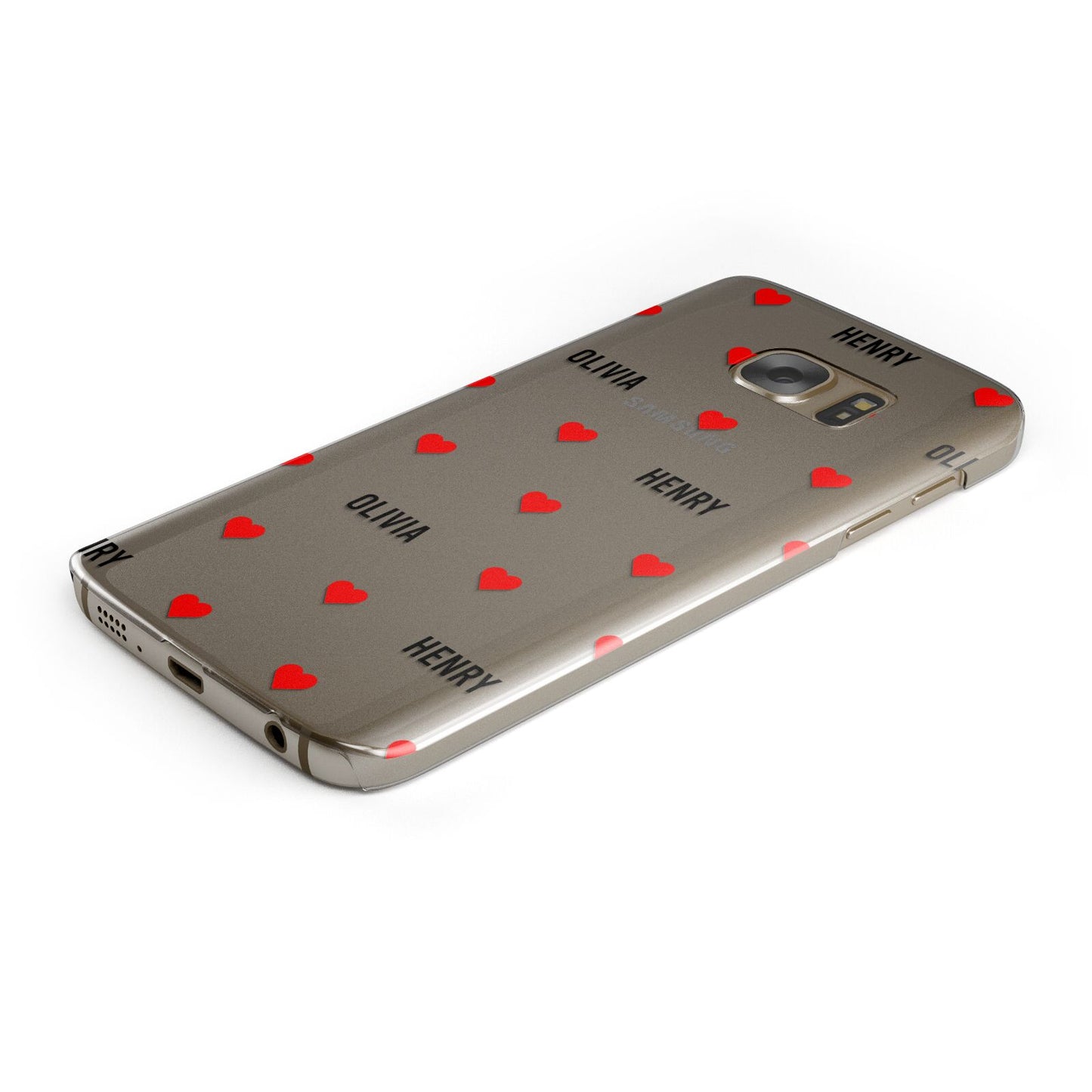 Red Hearts with Couple s Names Protective Samsung Galaxy Case Angled Image