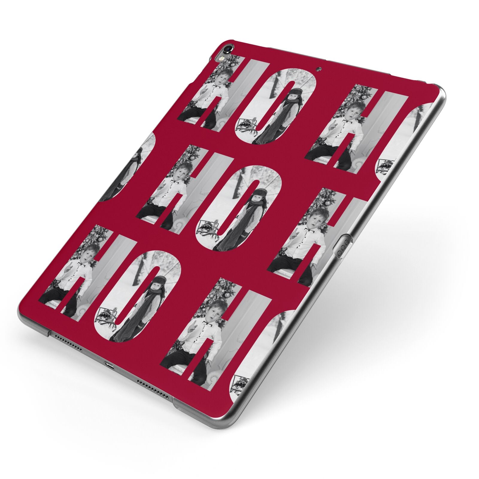 Red Ho Ho Ho Photo Upload Christmas Apple iPad Case on Grey iPad Side View