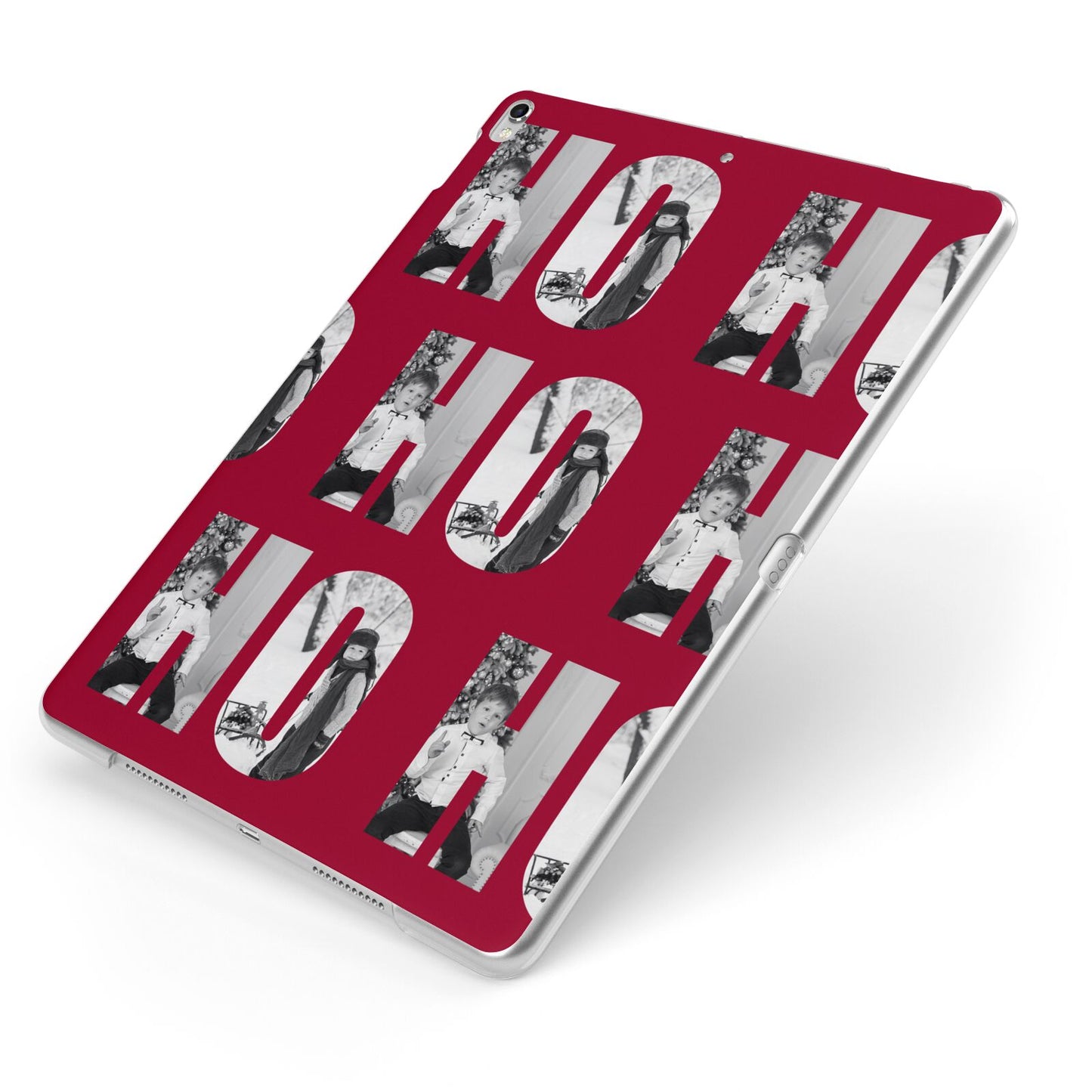 Red Ho Ho Ho Photo Upload Christmas Apple iPad Case on Silver iPad Side View