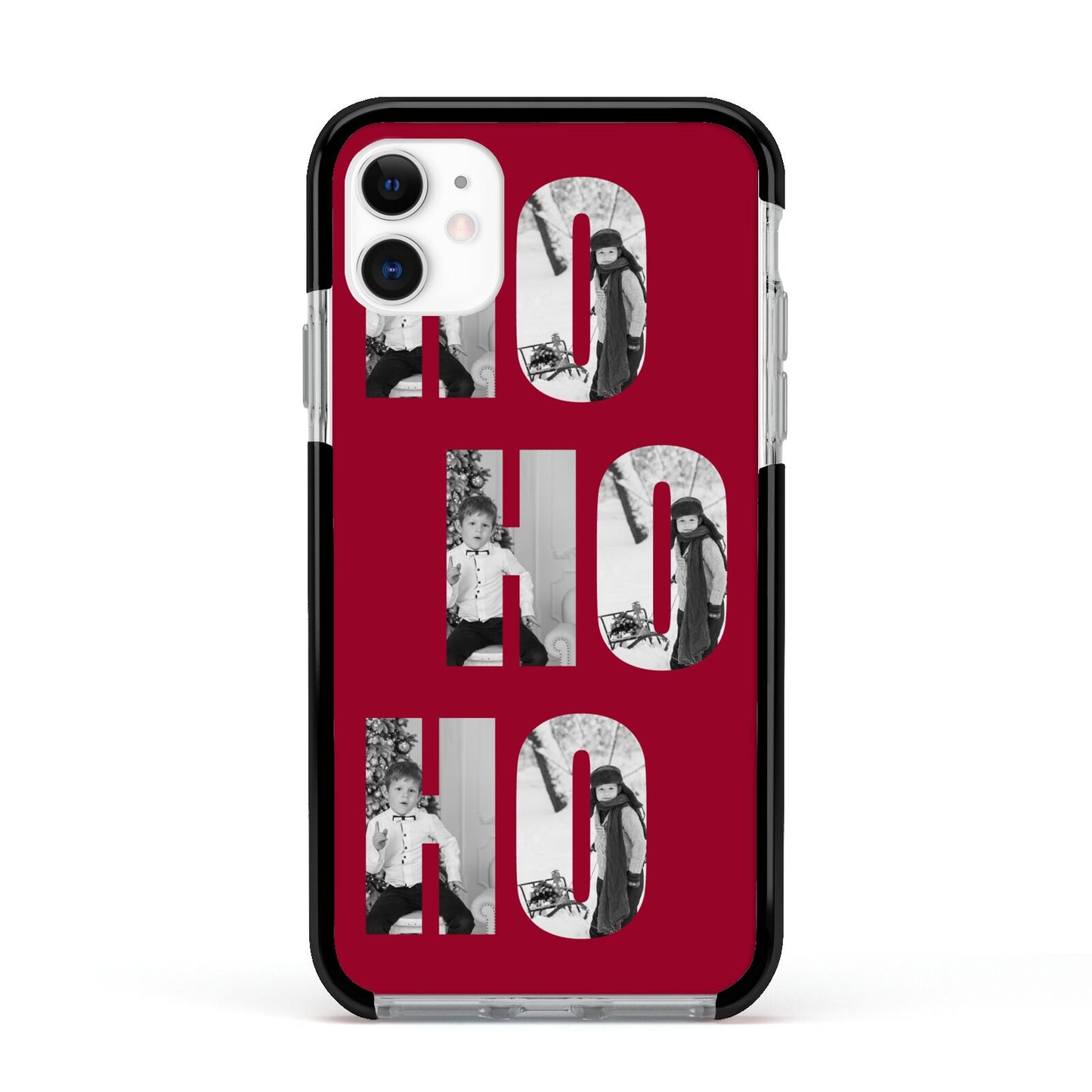 Red Ho Ho Ho Photo Upload Christmas Apple iPhone 11 in White with Black Impact Case