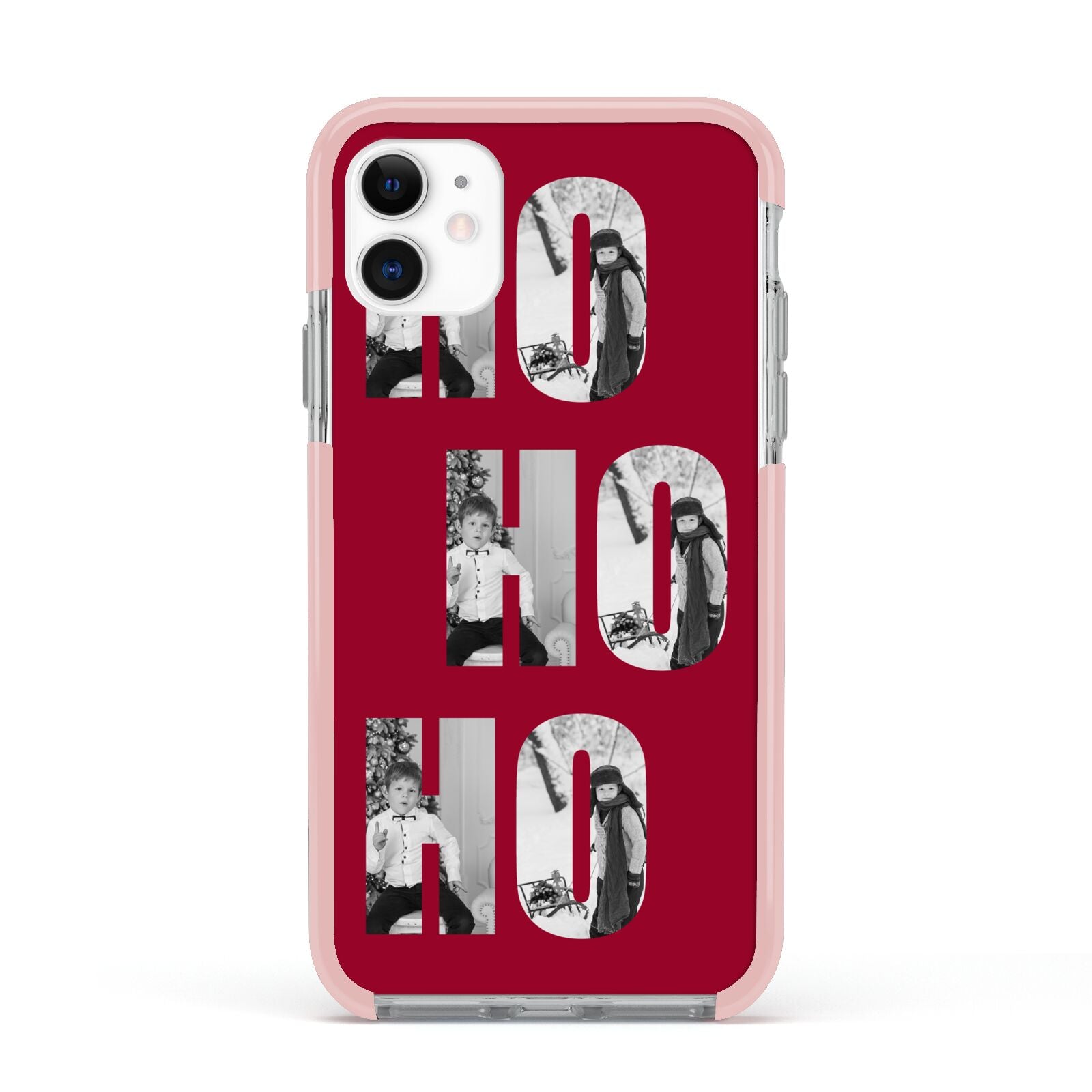 Red Ho Ho Ho Photo Upload Christmas Apple iPhone 11 in White with Pink Impact Case