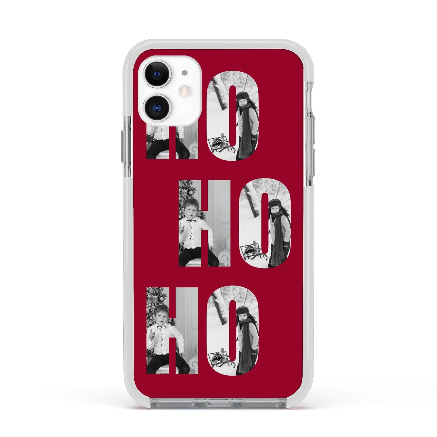 Red Ho Ho Ho Photo Upload Christmas Apple iPhone 11 in White with White Impact Case