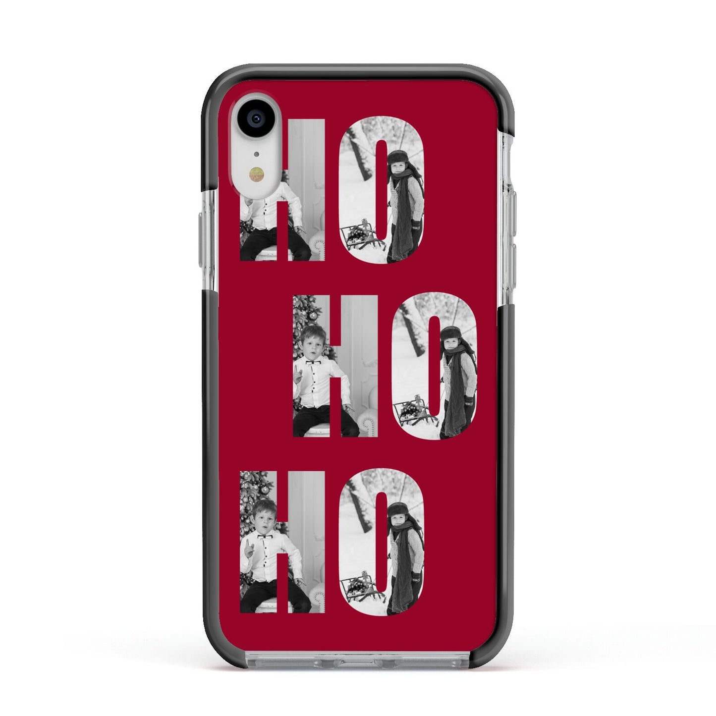 Red Ho Ho Ho Photo Upload Christmas Apple iPhone XR Impact Case Black Edge on Silver Phone