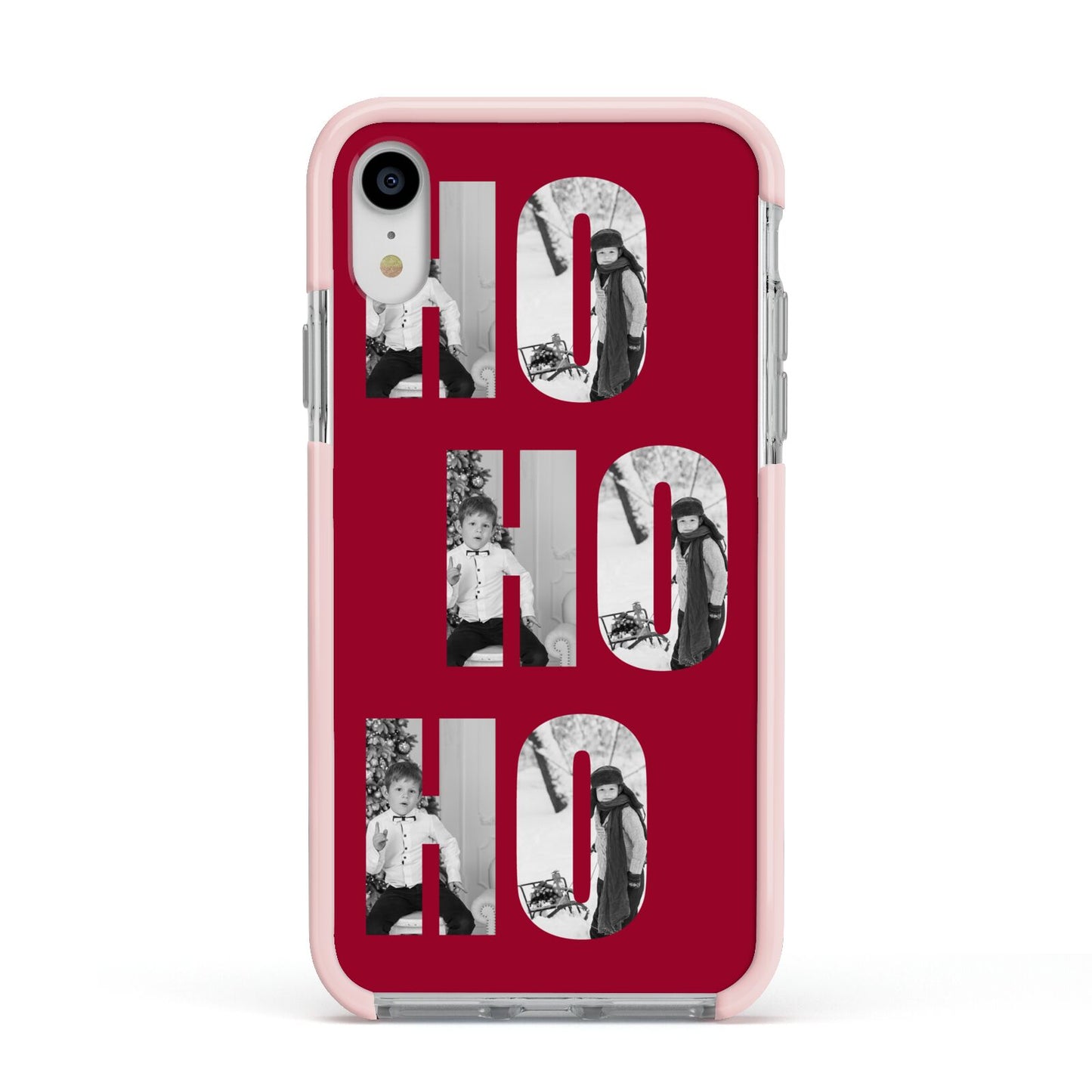 Red Ho Ho Ho Photo Upload Christmas Apple iPhone XR Impact Case Pink Edge on Silver Phone
