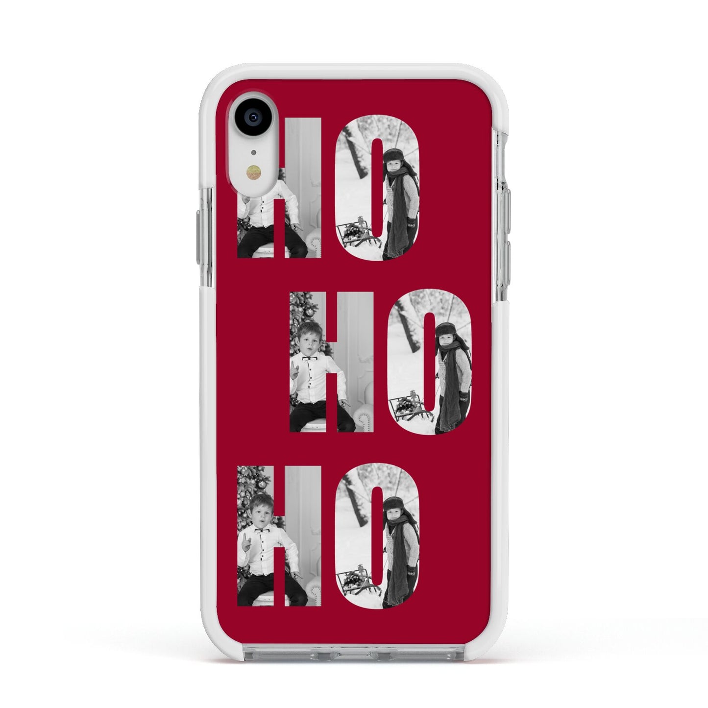 Red Ho Ho Ho Photo Upload Christmas Apple iPhone XR Impact Case White Edge on Silver Phone