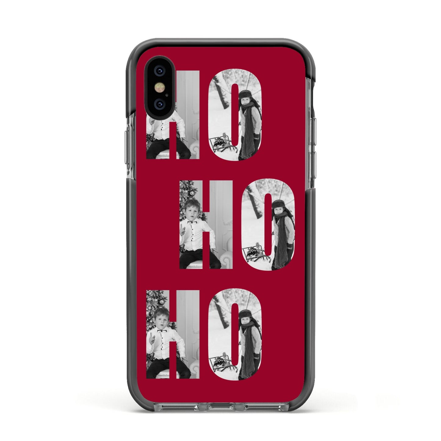 Red Ho Ho Ho Photo Upload Christmas Apple iPhone Xs Impact Case Black Edge on Black Phone