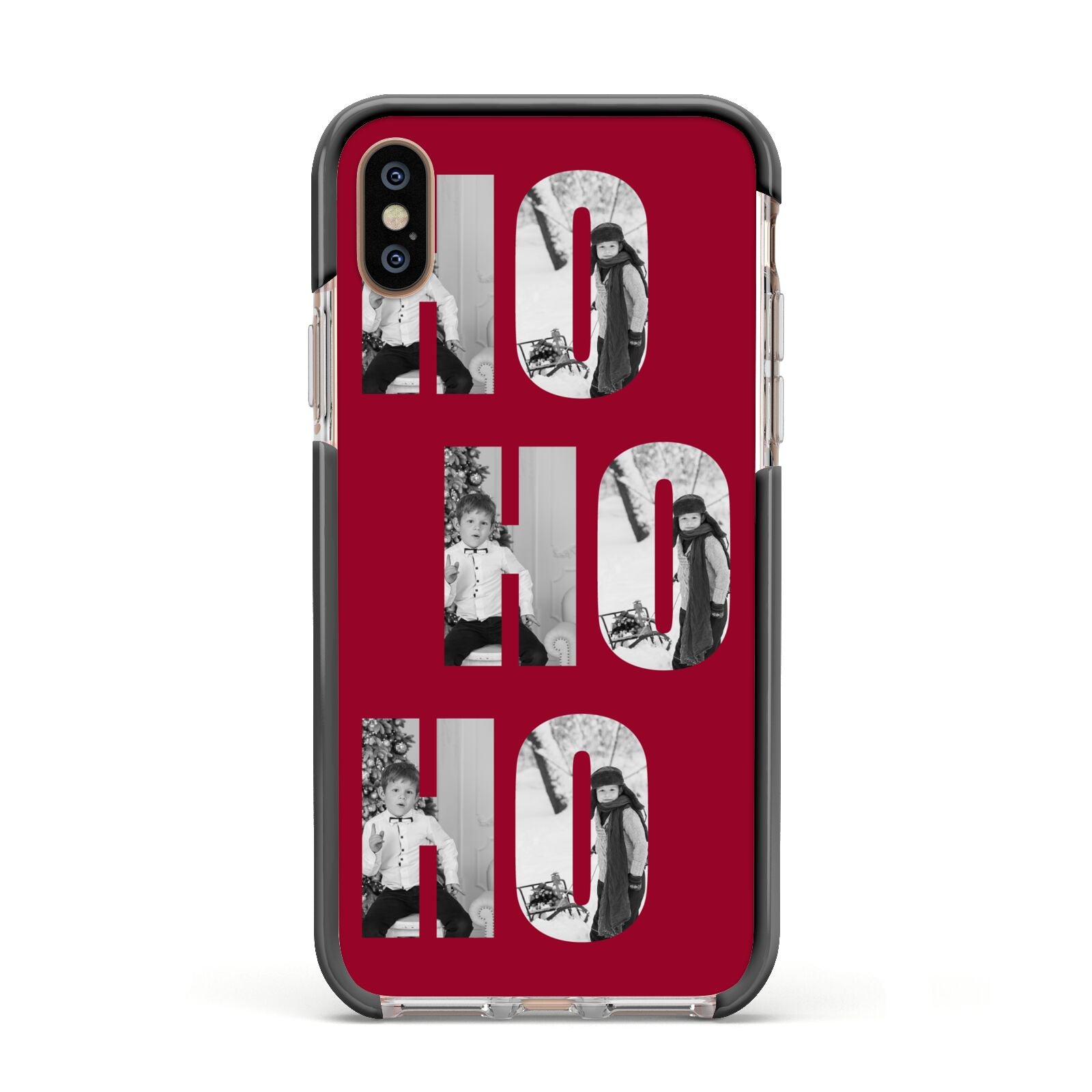 Red Ho Ho Ho Photo Upload Christmas Apple iPhone Xs Impact Case Black Edge on Gold Phone