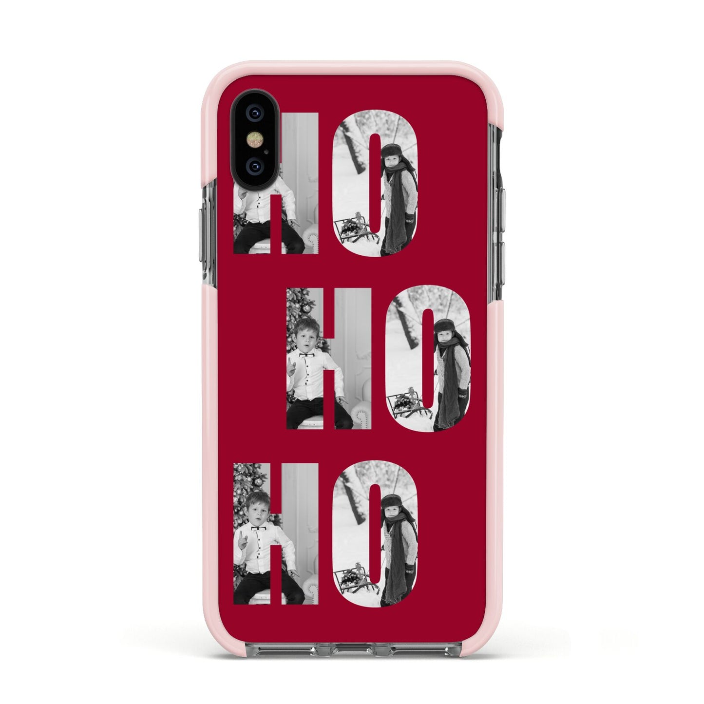 Red Ho Ho Ho Photo Upload Christmas Apple iPhone Xs Impact Case Pink Edge on Black Phone