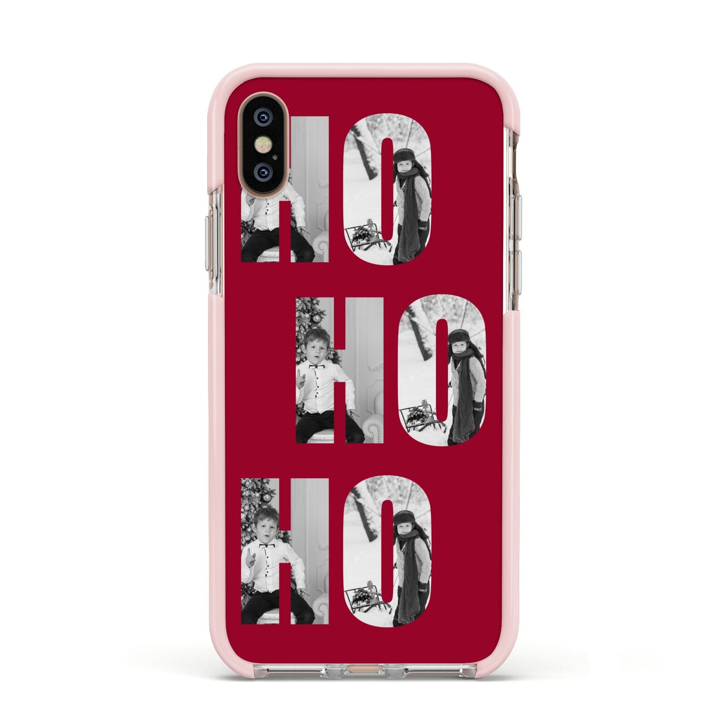 Red Ho Ho Ho Photo Upload Christmas Apple iPhone Xs Impact Case Pink Edge on Gold Phone