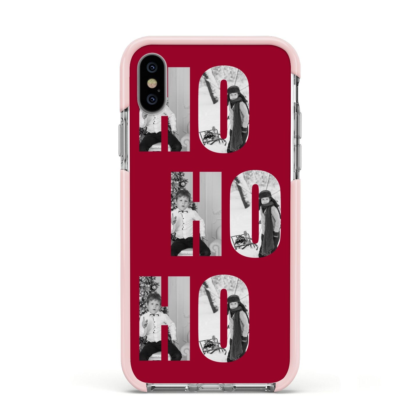 Red Ho Ho Ho Photo Upload Christmas Apple iPhone Xs Impact Case Pink Edge on Silver Phone