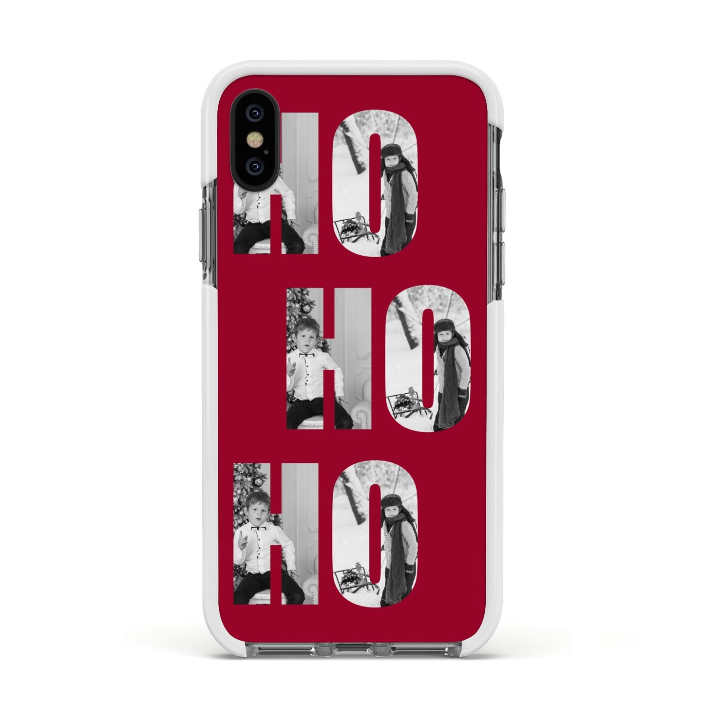 Red Ho Ho Ho Photo Upload Christmas Apple iPhone Xs Impact Case White Edge on Black Phone