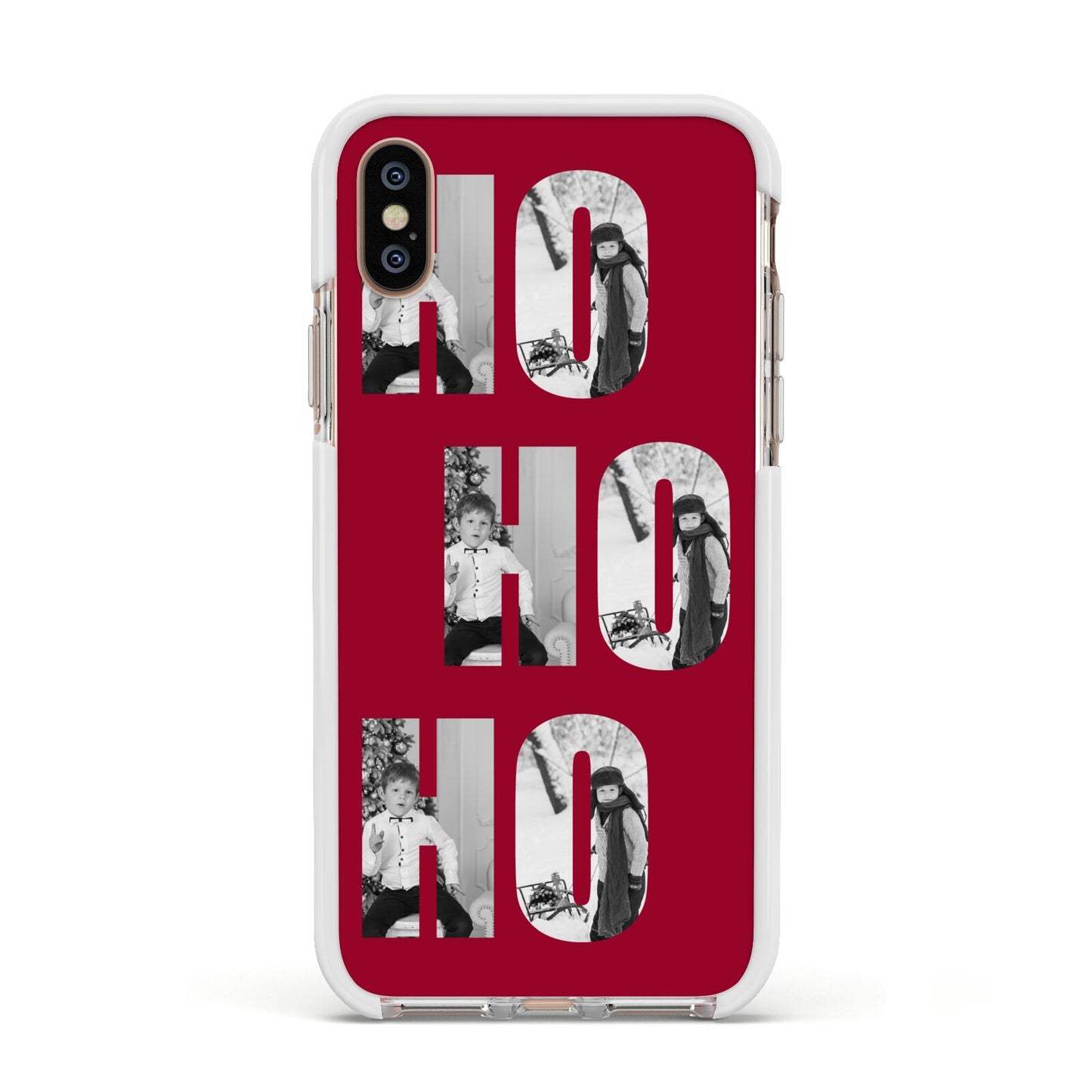 Red Ho Ho Ho Photo Upload Christmas Apple iPhone Xs Impact Case White Edge on Gold Phone