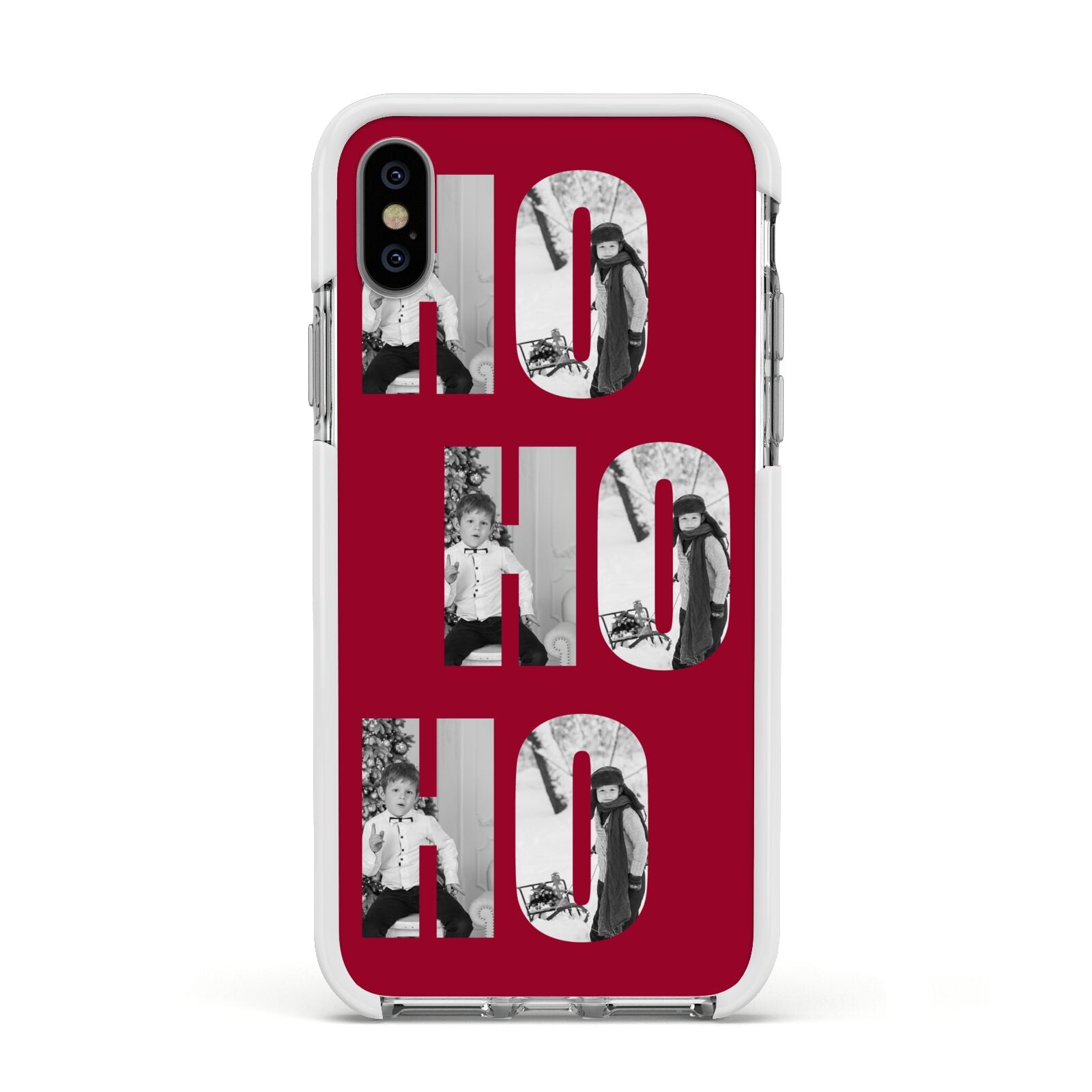 Red Ho Ho Ho Photo Upload Christmas Apple iPhone Xs Impact Case White Edge on Silver Phone