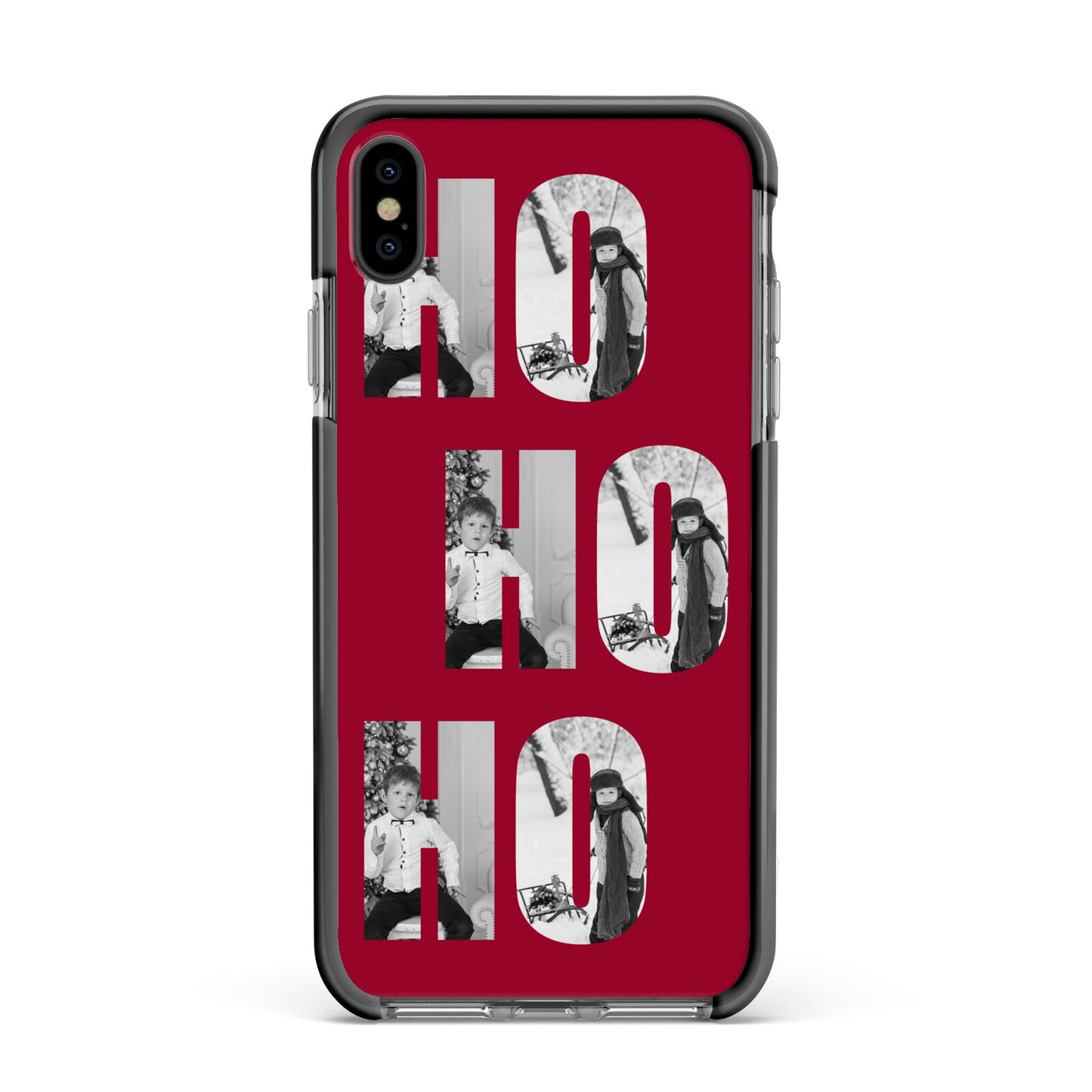 Red Ho Ho Ho Photo Upload Christmas Apple iPhone Xs Max Impact Case Black Edge on Black Phone