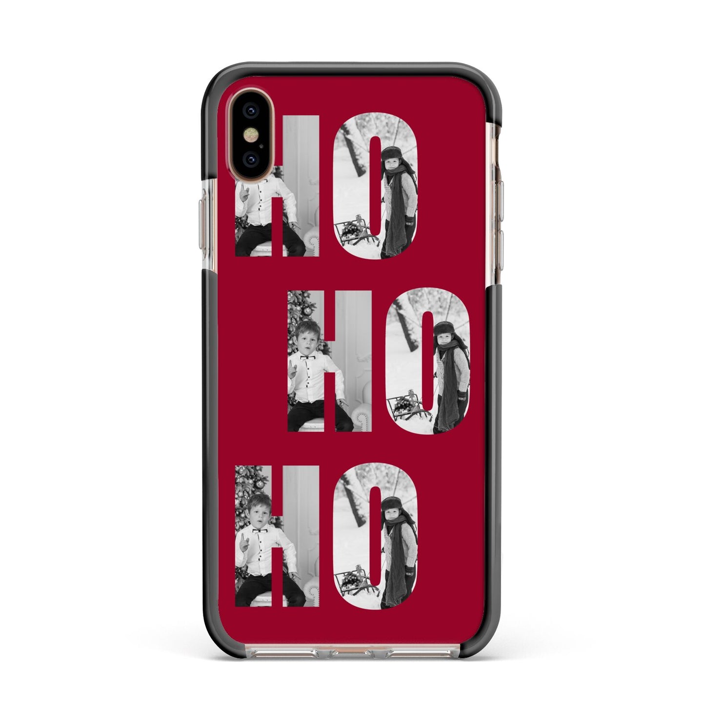 Red Ho Ho Ho Photo Upload Christmas Apple iPhone Xs Max Impact Case Black Edge on Gold Phone