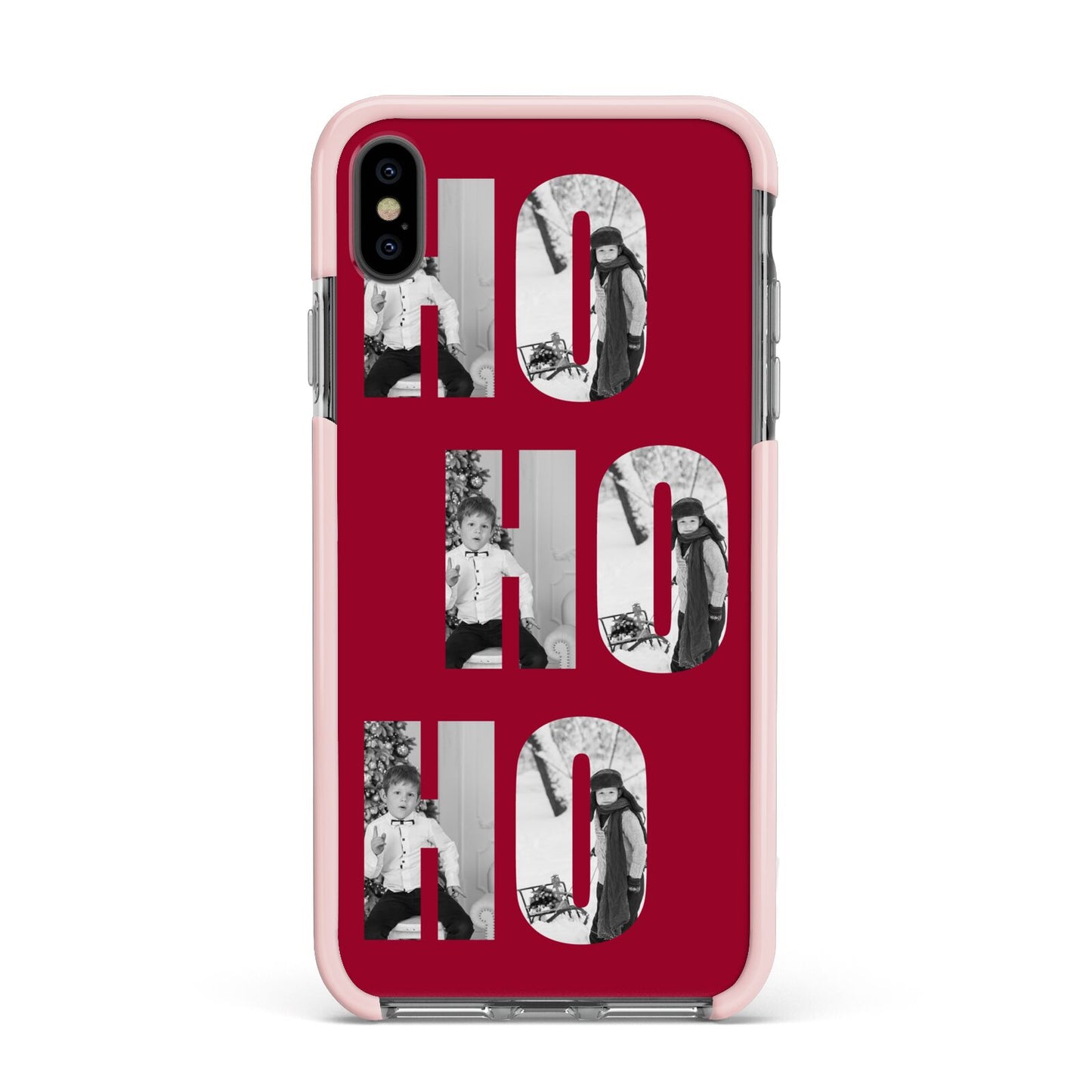 Red Ho Ho Ho Photo Upload Christmas Apple iPhone Xs Max Impact Case Pink Edge on Black Phone