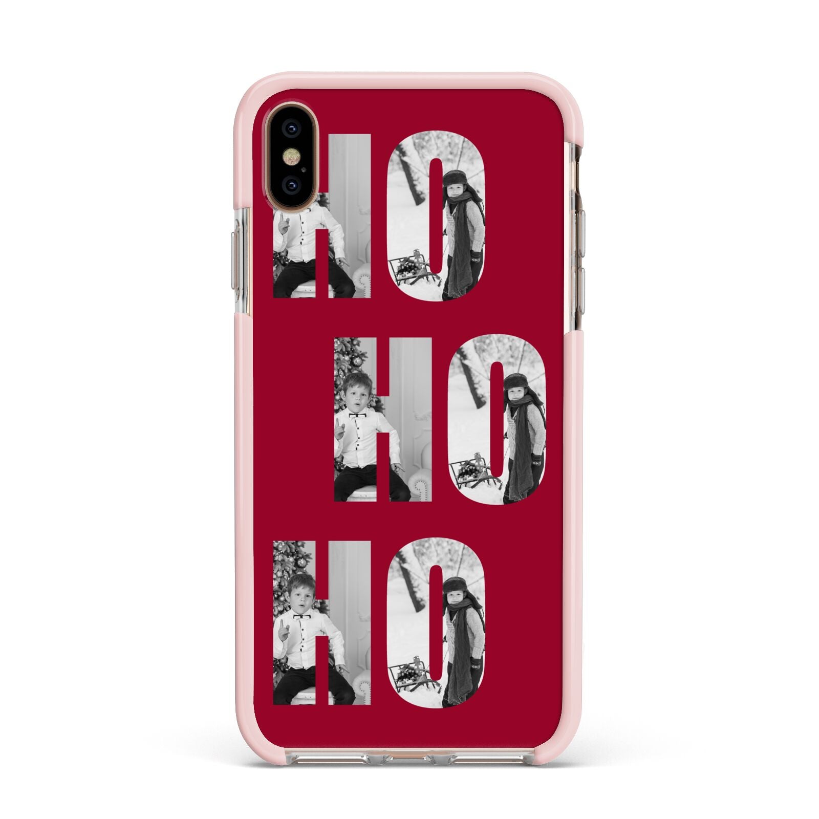 Red Ho Ho Ho Photo Upload Christmas Apple iPhone Xs Max Impact Case Pink Edge on Gold Phone