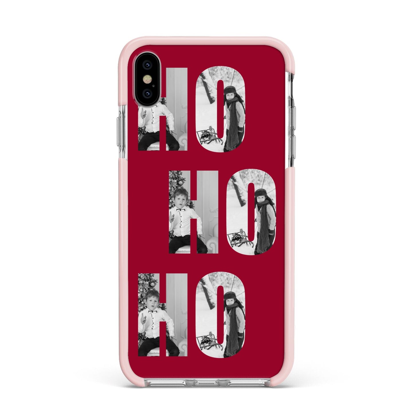 Red Ho Ho Ho Photo Upload Christmas Apple iPhone Xs Max Impact Case Pink Edge on Silver Phone